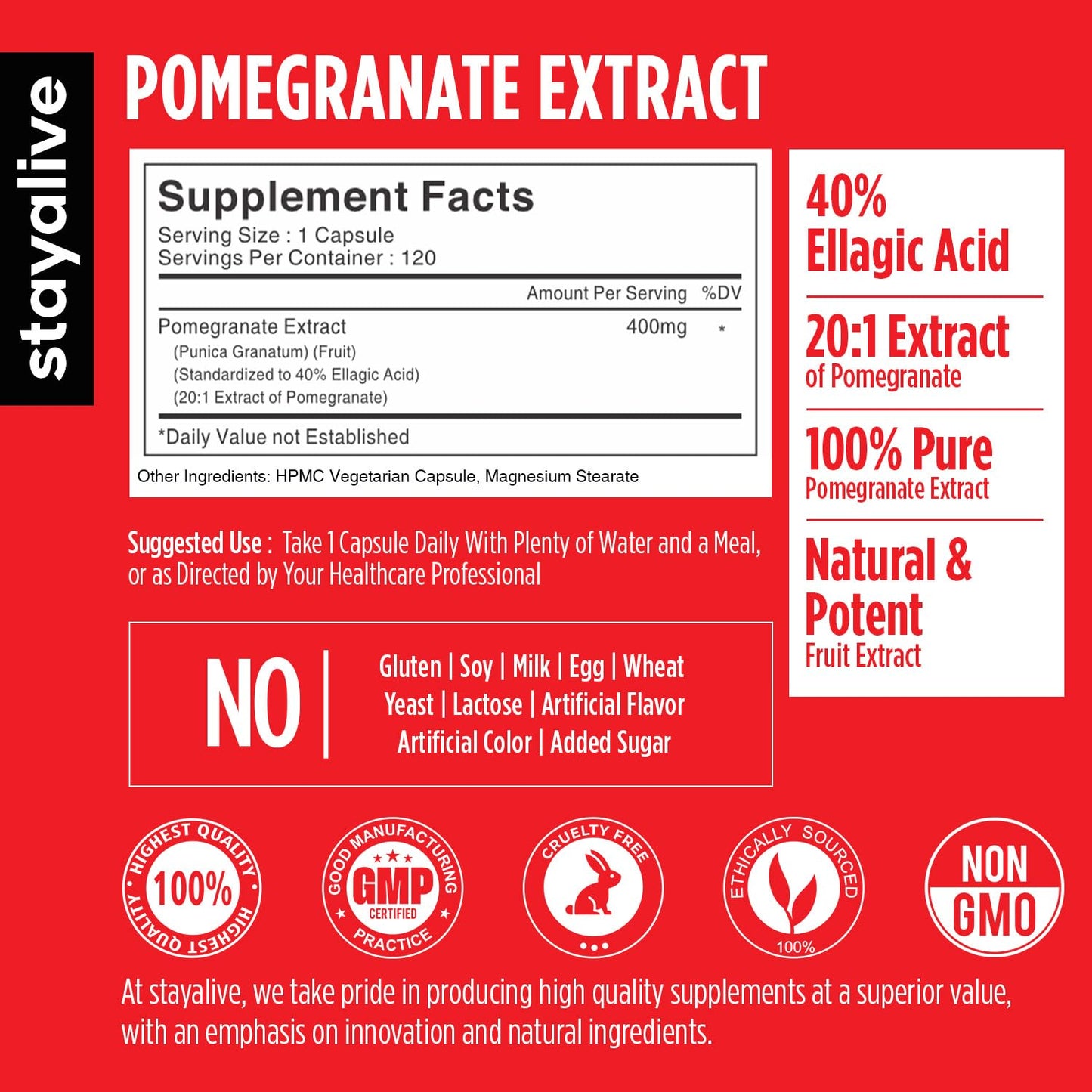 STAY ALIVE Pomegranate Extract Capsules, 20:1 Super Extract with 40% Ellagic Acid, 120 Count, Extra Strength Powder, All Natural Non-GMO and Gluten-Free Pomegranate Supplement for Women and Men