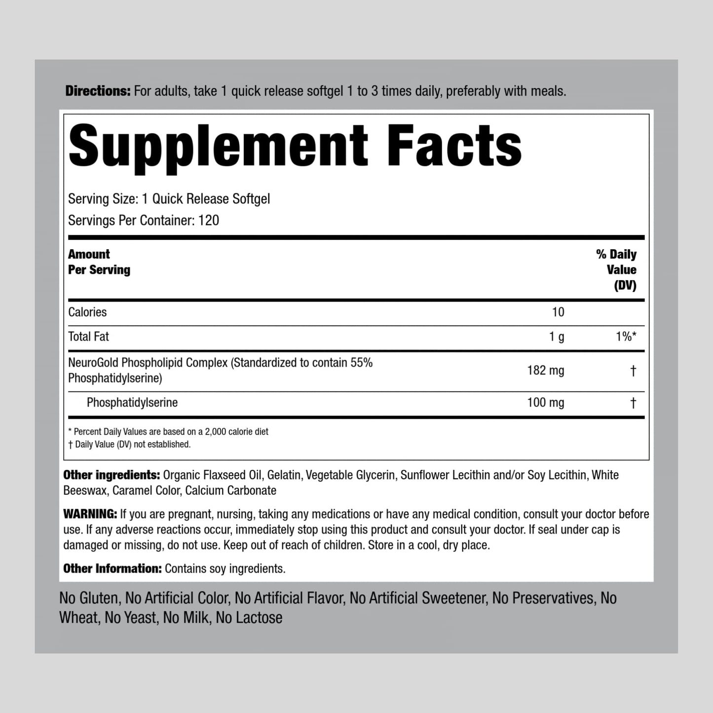 Piping Rock Phosphatidylserine 100mg | 120 Softgels | NeuroGold | Non-GMO, Gluten Free Supplement