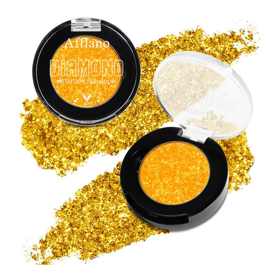 Afflano Yellow Glitter Eyeshadow Makeup, Single Diamond Gold Shimmery Eyeshadows, Super Pigmented Sunset Gold Glitter Yellow Eyeshadow One Swipe, Vibrant Metallic Eye Shadow Sparkly Eyelid Highlighter