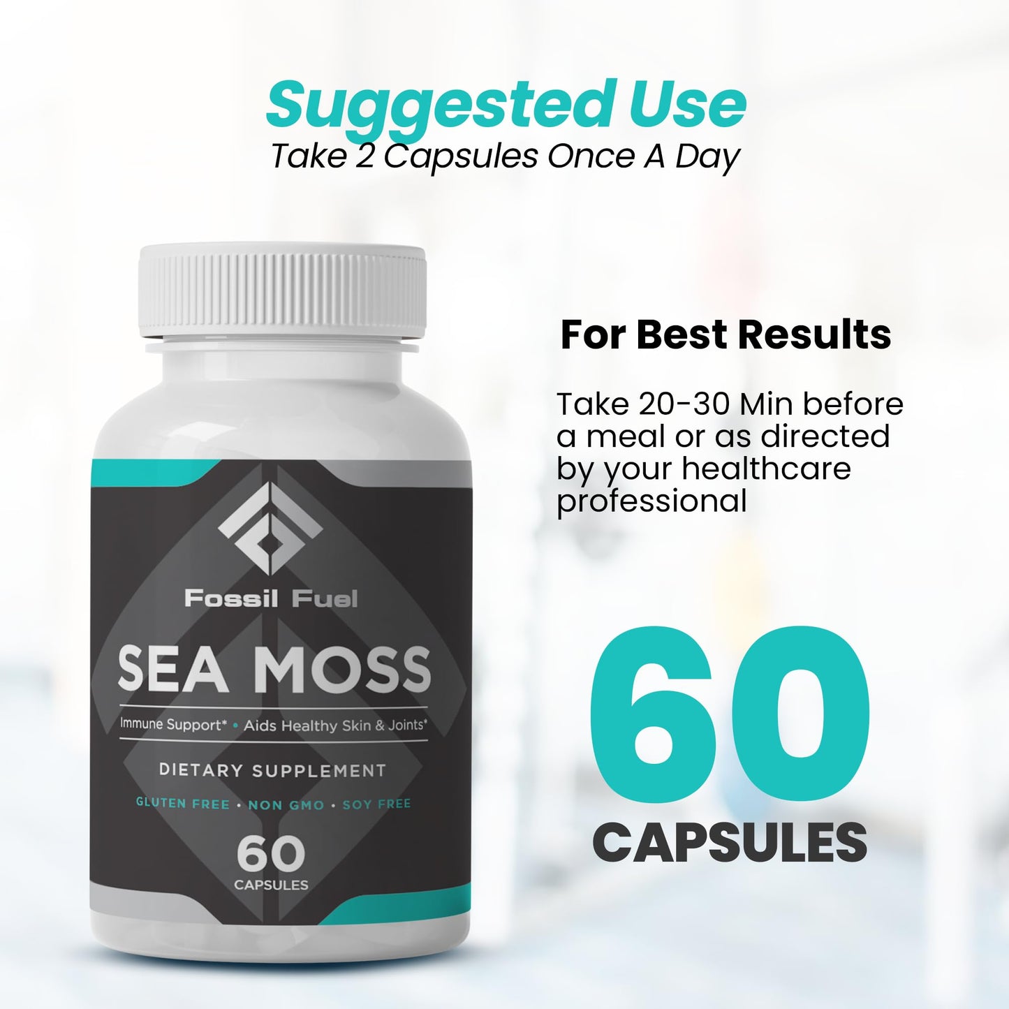 Fossil Fuel- Organic Superfood for Energy, Digestive Health, Immune Support, and Inflammation Relief - Packed with Essential Nutrients and Minerals, Sea Moss (60 Capsules)