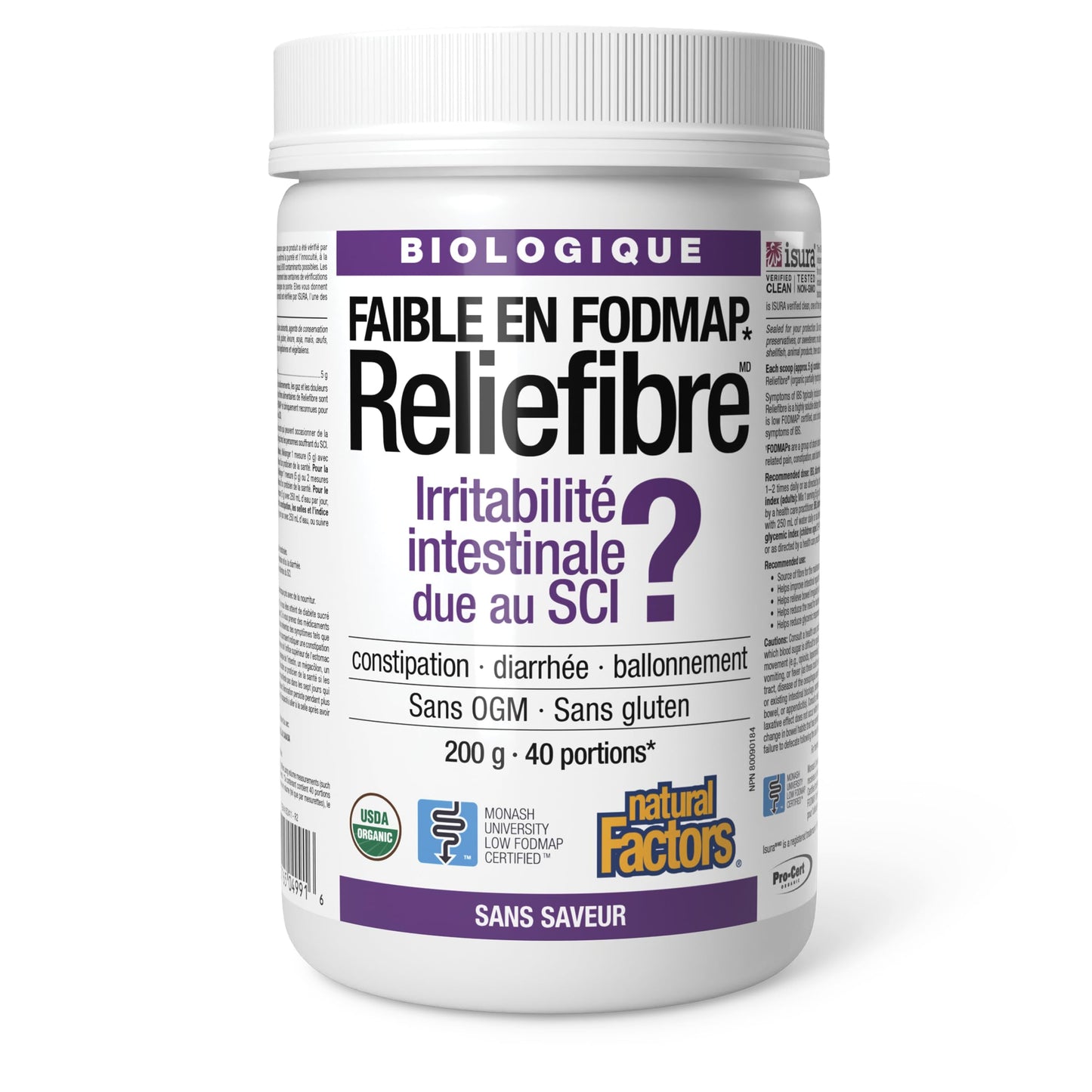Natural Factors Organic Low FODMAP Reliefiber, Digestive Fiber Powder, Unflavored, 5.3 Oz