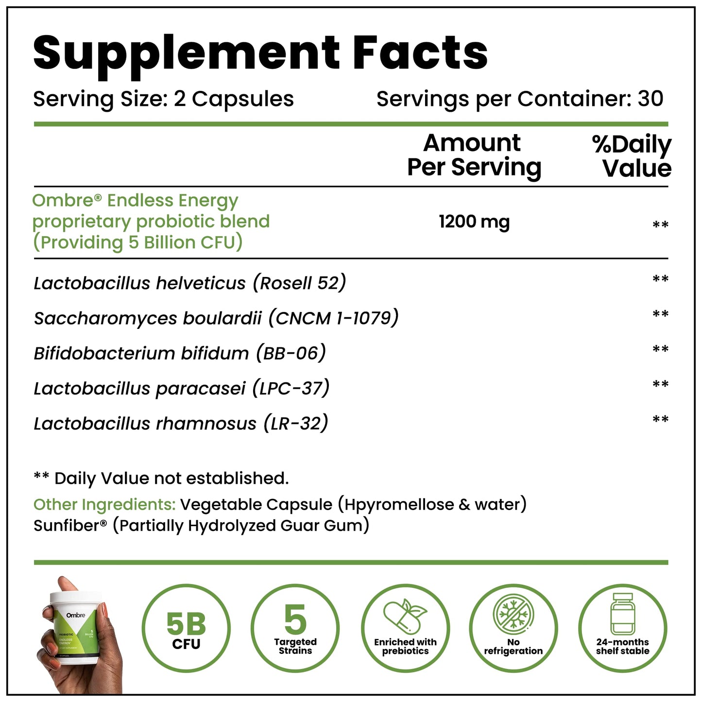 Ombre Endless Energy Probiotic Supplement, Supports Natural Energy Production, Memory, Focus & Gut Health, 12 Billion CFU, Shelf-Stable, 30 Servings