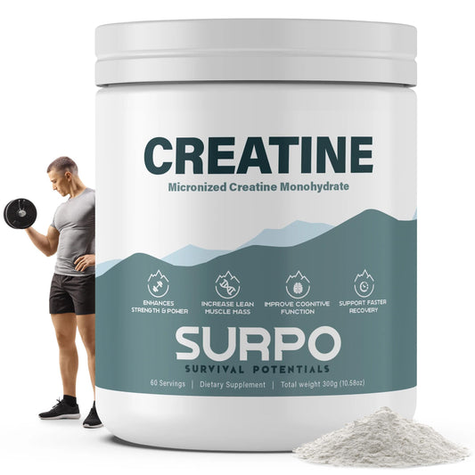 SURPO Micronized Creatine Monohydrate Powder - 300g, 60 Servings | Pure Creatine Powder | Unflavored | Gluten Free & Non GMO Workout Supplements for Men & Women | Ideal for Muscle Recovery & Growth