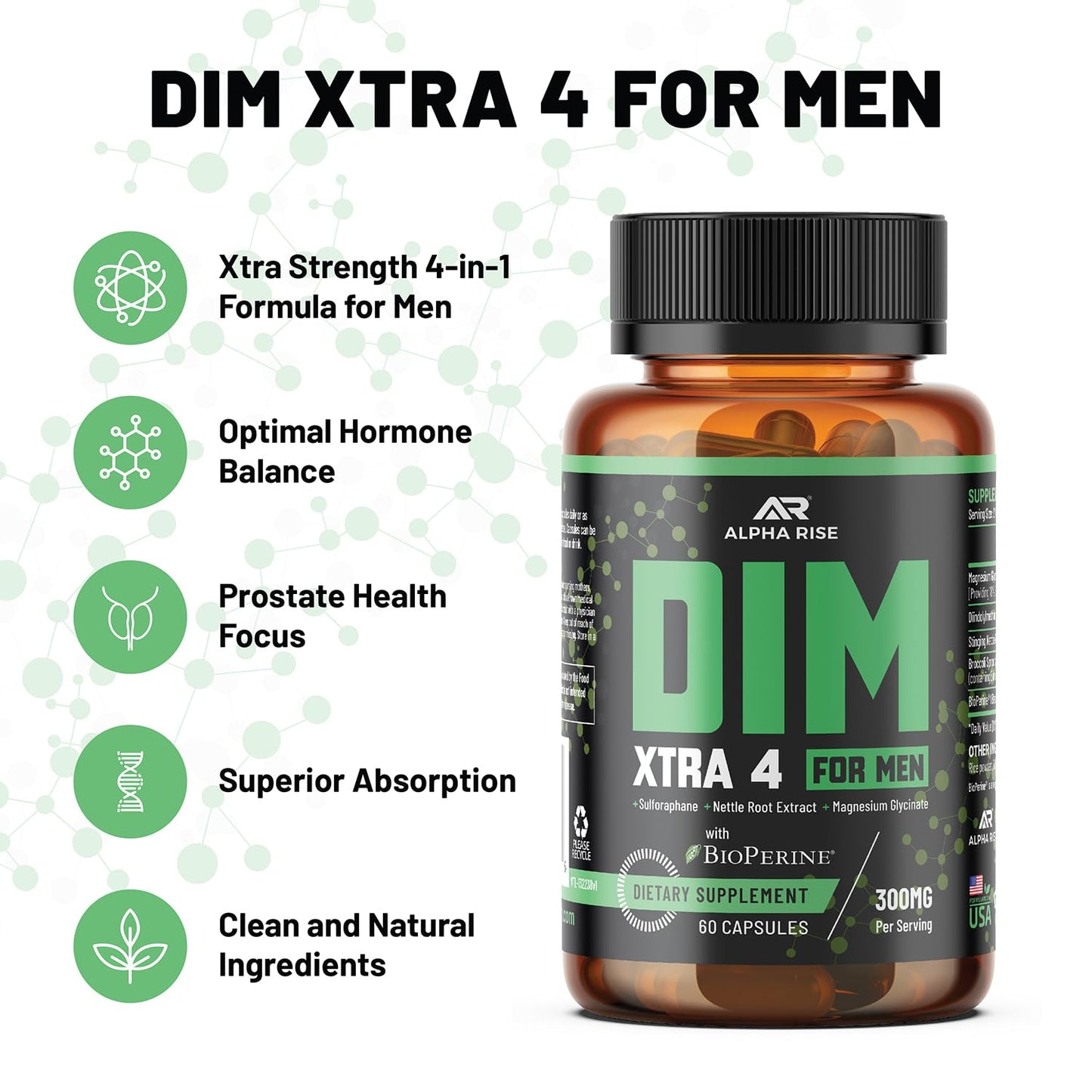 Premium DIM Supplement for Men | Estrogen Blocker & Aromatase Inhibitor | Diindolylmethane, Nettle Root Extract, Magnesium Glycinate & Sulforaphane | Hormone Balance & Liver Protection | 60 Capsules