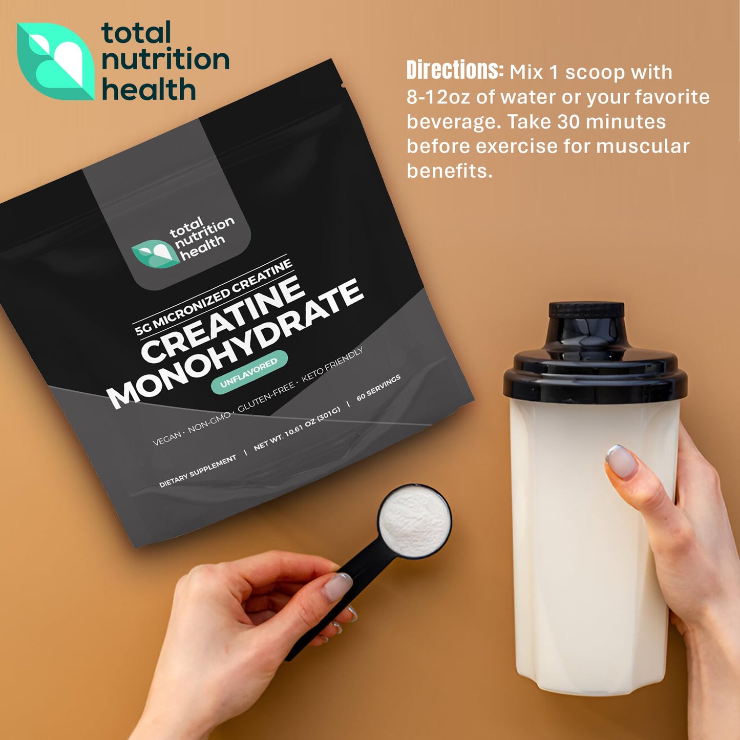 Total Nutrition Health Creatine Monohydrate - 5g Micronized Creatine Monohydrate Powder - Vitamin D and Black Pepper Extract - Unflavored Pre-Workout with Creatine for Energy, Muscle Performance