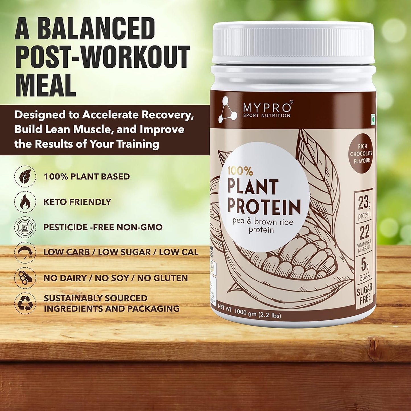 My;pro Sport Nutrition Plant Protein Powder Pea & Brown Rice Protein (23g Protein,22 Vitamins & Minerals,5g BCAA) Plant Based Vegan Protein Supplement for Men & Women (Chocolate Flavour -1000 Gm)