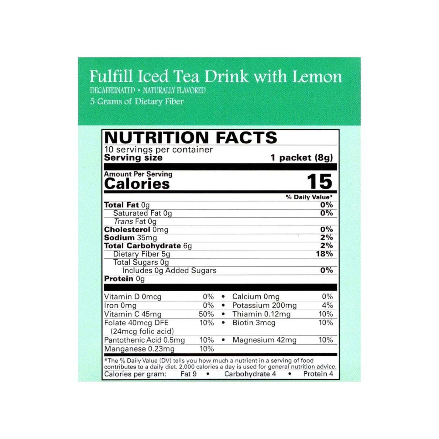 Nutmeg State Nutrition - Fulfill High Fiber Drink Mix, Low Calorie, Fat Free, Decaffeinated, Sugar Free, Naturally Flavored, Protien, Aspartame Free, 10 Servings Per Box (Iced Tea w/ Lemon)