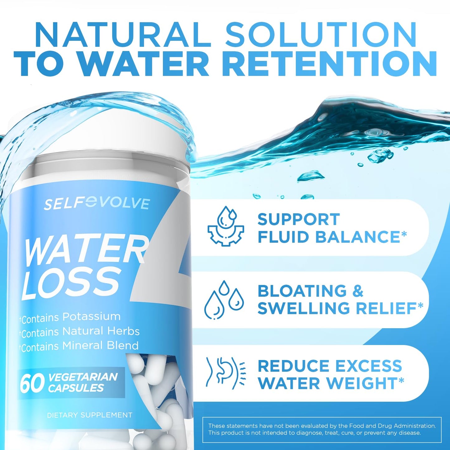 selfevolve Water Loss - Natural Water Pills for Reducing Water Retention & Bloating Relief with Dandelion Extract, Potassium & 7 Natural Ingredients - 60 Veggie Capsules