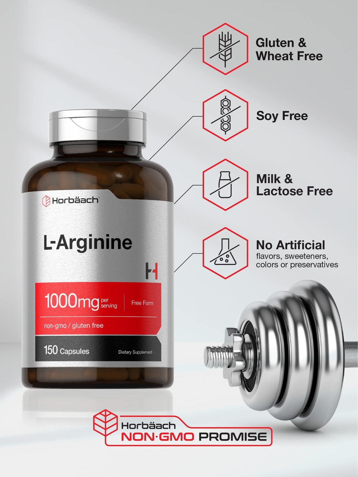Horbäach L Arginine 1000mg Capsules | 150 Powder Pills | Free Form | Non-GMO & Gluten Free Supplement