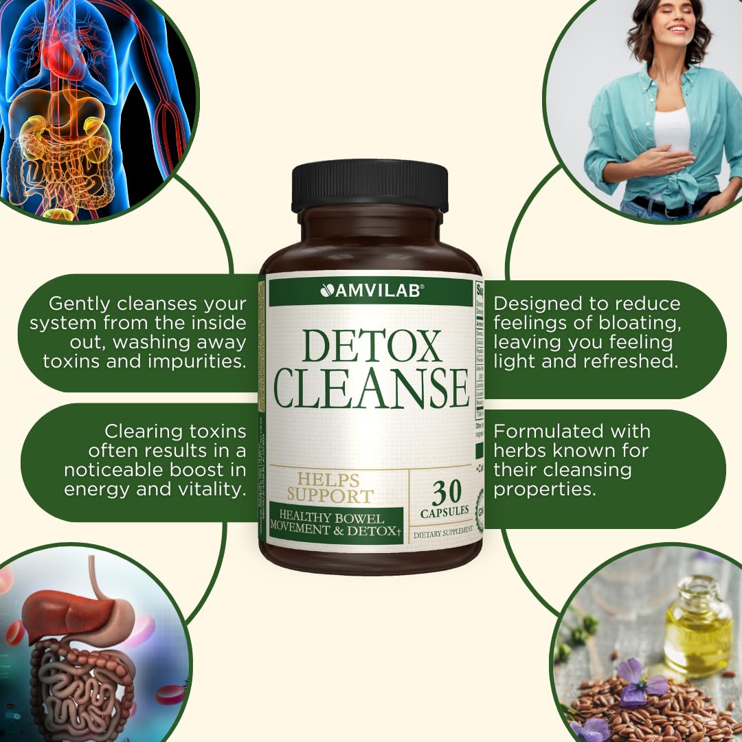 AMVILAB - Detox Cleanse - Colon Detox - Supports Healthy Bowel Movement & Detox - Gut & Colon Detox Cleanse - Natural Laxative for Constipation - Reduce Bloating - Dietary Supplement - 30 Capsules