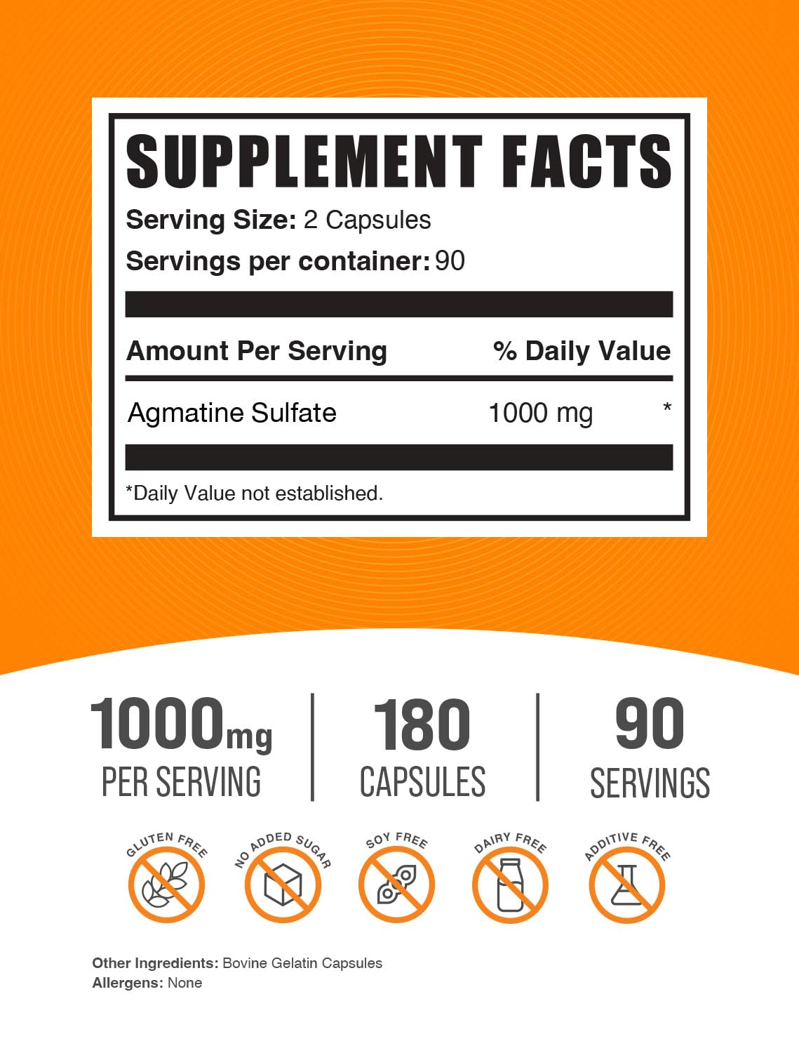 BulkSupplements.com Agmatine Sulfate Capsules - Nitric Oxide Supplement, Agmatine Supplement - Gluten Free, 2 Capsules per Serving (1000mg), 180 Count (Pack of 1)