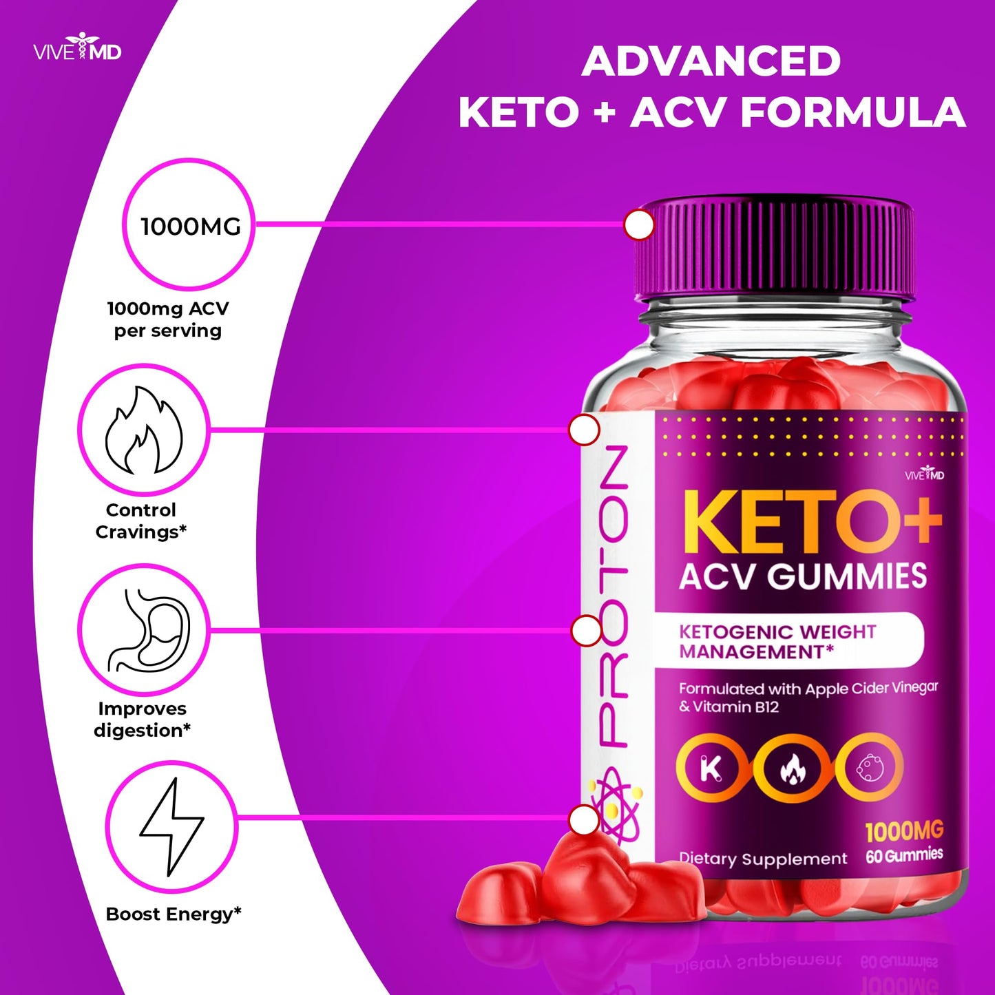 VIVE MD Proton Keto ACV Gummies Advanced Weight Management, Protein Keto ACV Gummies, Proton Keto Plus Gummies with Apple Cider Vinegar Supplement 1000mg, Proton Keto+ACV Gummies Reviews (2 Pack)