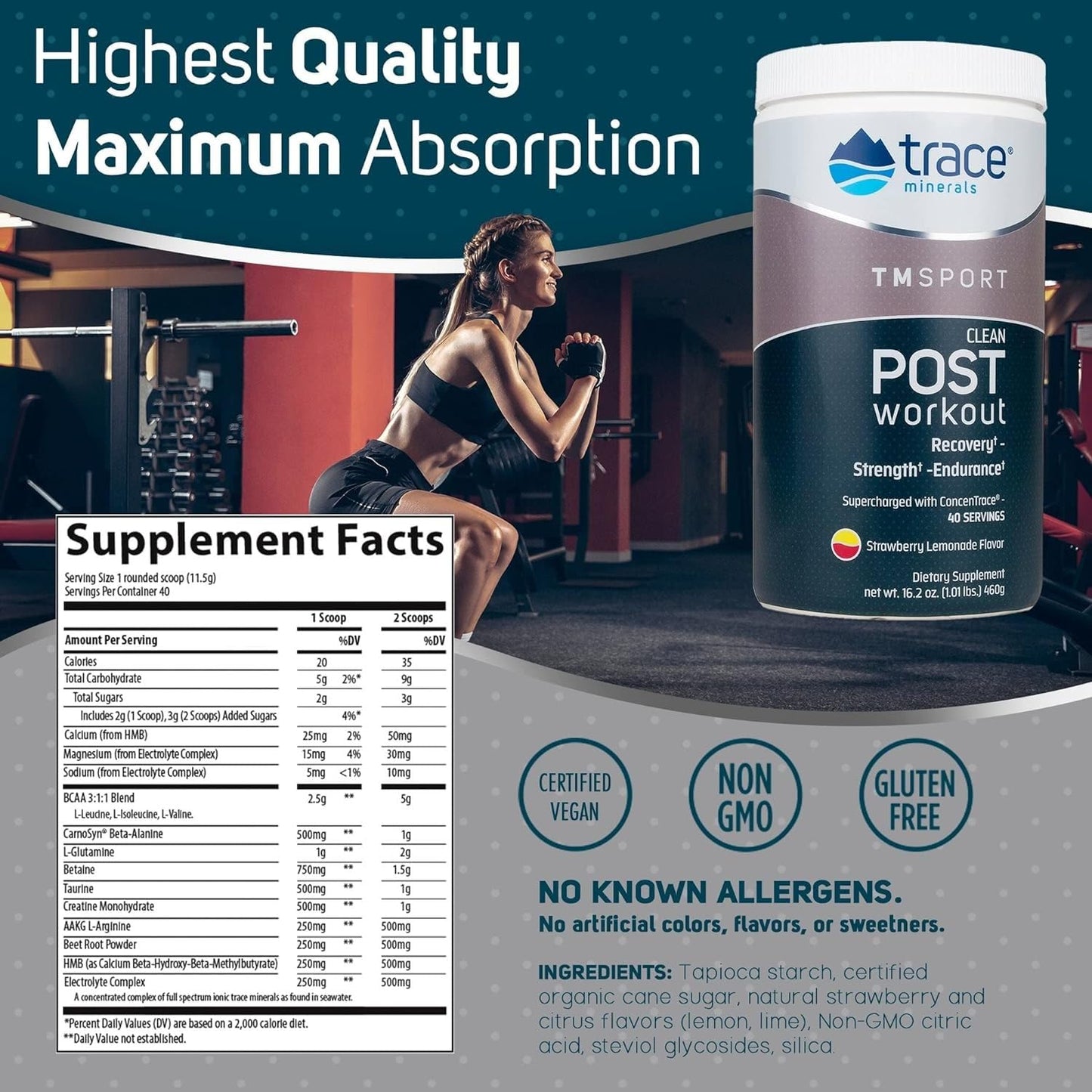 Trace Minerals | TMRFIT Series Clean Post Workout Canister Supplement | Supports Muscle Recovery and Strength | Gluten Free, Certified Vegan, Non-GMO | Strawberry Lemonade | 16.2 Oz