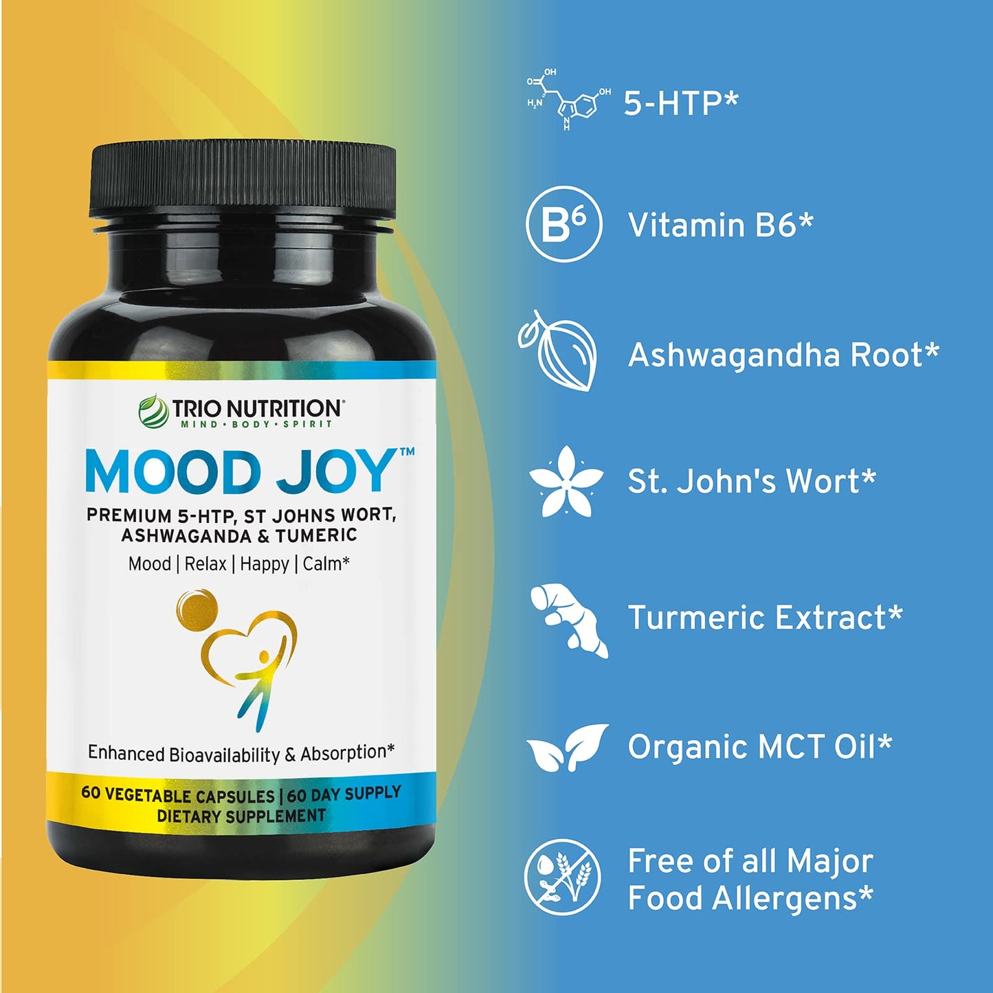 Trio Mood Joy | Premium 5-HTP, St Johns Wort, Ashwagandha & Turmeric | Ashwagandha Capsules to Promote Natural Calm & Relaxed Mood | Mood Support Supplement | 60 Day Supply*