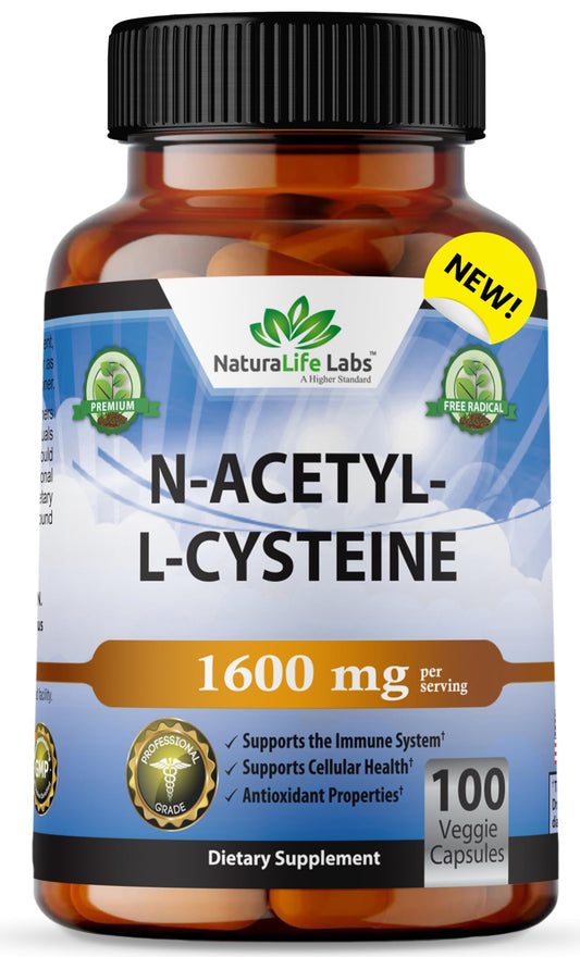 NaturaLife Labs A Higher Standard N-Acetyl-L-Cysteine (NAC) 1600 mg Immune Support & Antioxidants*, Free-Radicals, Free Form, Exercise Performance - 100 Veggie Capsules