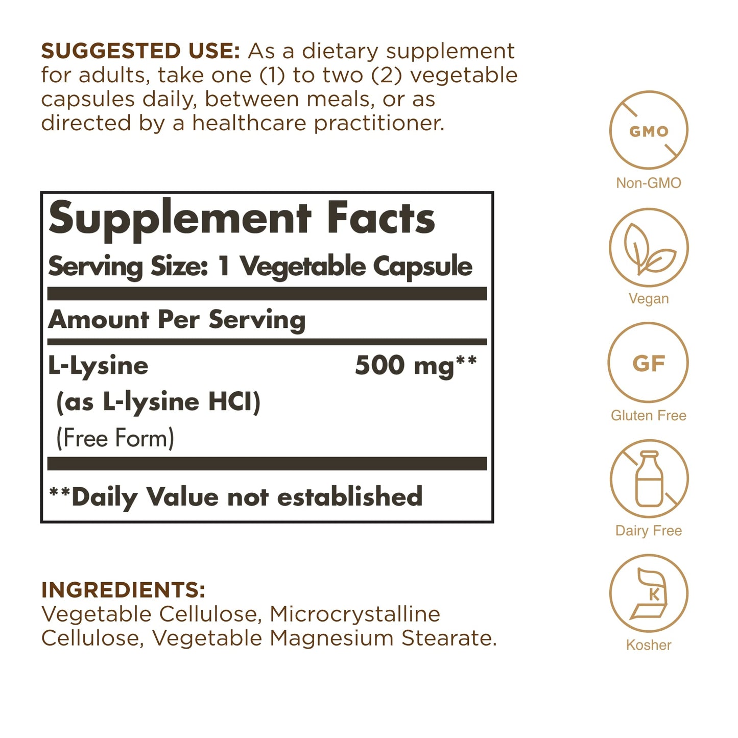 SOLGAR L-Lysine 500 mg - 100 Vegetable Capsules - Skin & Tissue Support - Non-GMO, Vegan, Kosher, Gluten Free - 100 Servings