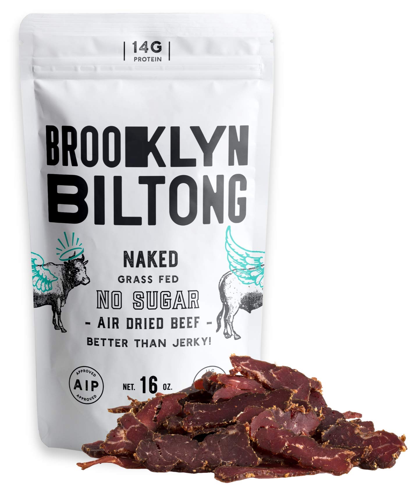 Brooklyn Biltong  CARNIVORE Snack Air Dried Grass Fed Beef South African Beef Jerky  AIP Approved Paleo Keto Gluten Free Only Salt Water and Vinegar Made in USA  16 oz Bag