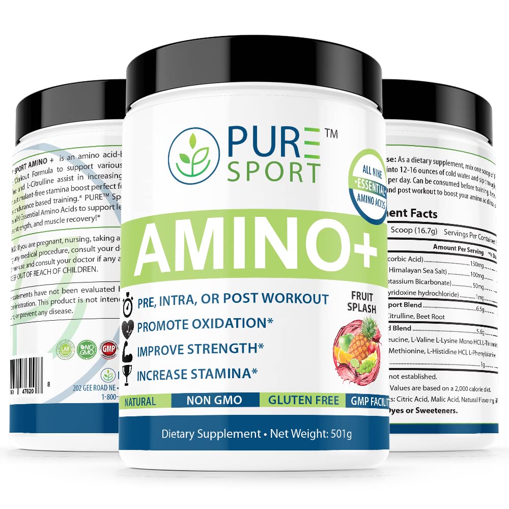 PURE® Amino+ Supports Active Lifestyles and Workout Performance. All 9 Essential Amino Acids & Arginine + Citrulline (501g, 30 Servings 1 Month Supply!) Fruit Splash Flavor!