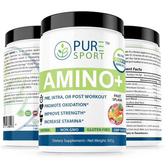 PURE® Amino+ Supports Active Lifestyles and Workout Performance. All 9 Essential Amino Acids & Arginine + Citrulline (501g, 30 Servings 1 Month Supply!) Fruit Splash Flavor!