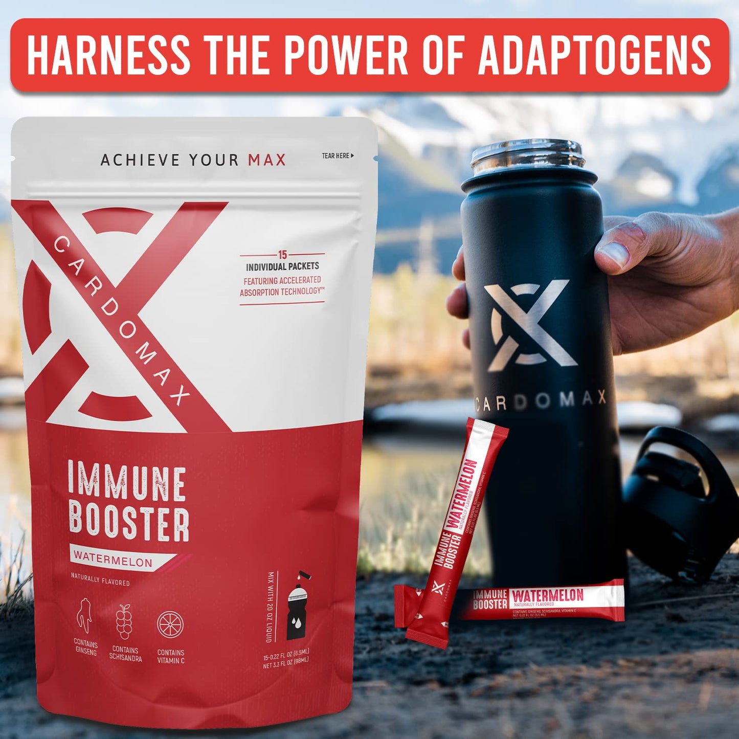 CardoMax Immune Booster Liquid Drink Mix with Gingseng & Vitamin C - Single-Serve Water Flavoring Stick Packets for Immune Support - Watermelon Flavor (15 Count)