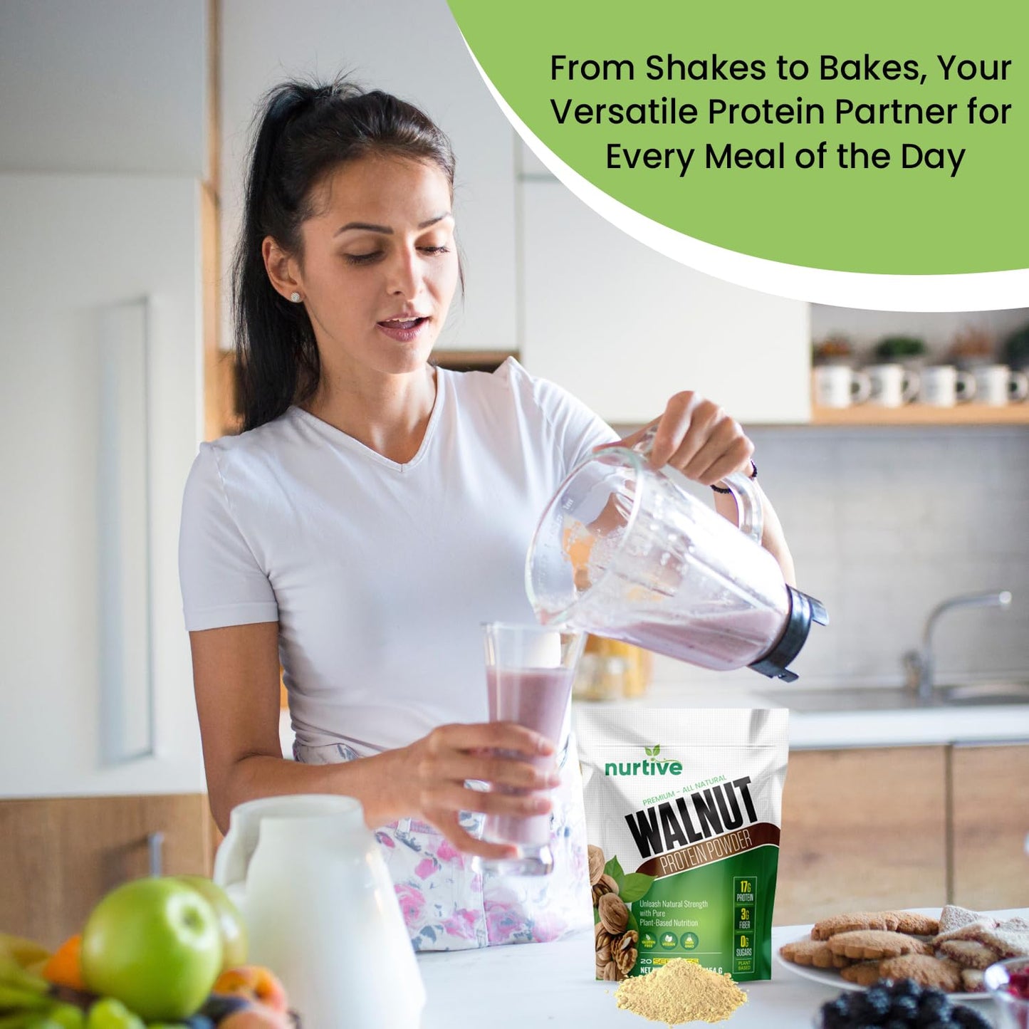 NURTIVE Walnut Protein Powder - Rich in Omega-3 & Plant-Based Protein - Antioxidant Boost - Ideal for Smoothies & Baking - Gluten Free, Vegan, Non GMO - 20 Servings (16 oz / 454 g)