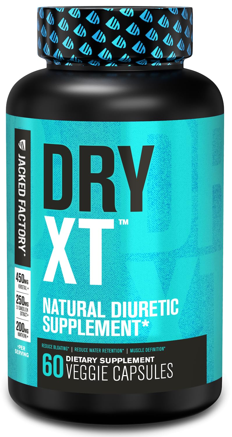 Jacked Factory Dry-XT Diuretic Water Pills - Natural Supplement | Reduces Water Retention & Bloating | Dandelion Root Extract, Potassium, 7 More Powerful Ingredients - 60 Veggie Capsules
