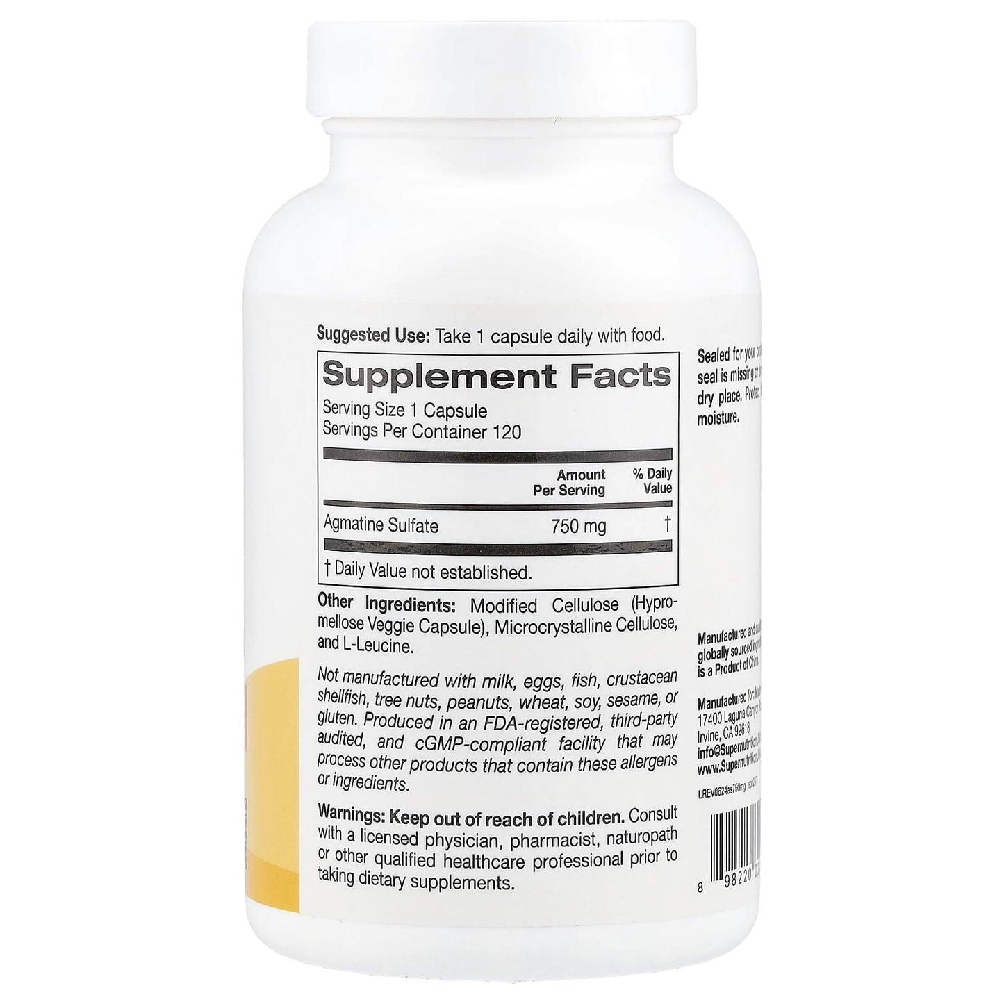 Super Nutrition Agmatine Sulfate, 750 mg, 120 Veggie Capsules