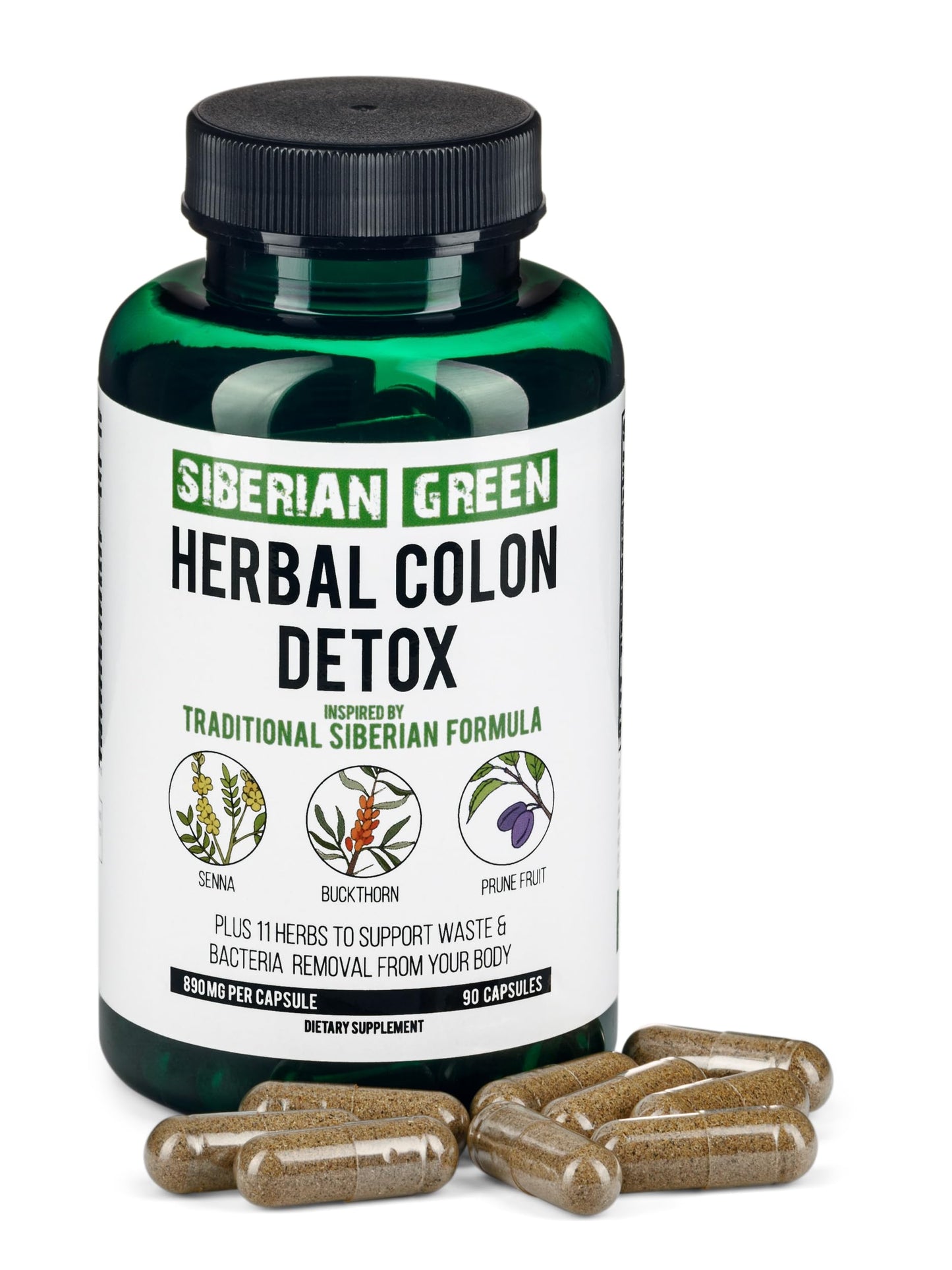 Siberian Green Herbal Colon Detox with Senna Buckthorn Prune Fruit 90 Capsules - Traditional Siberian Formula 14 Herbs & Probiotic to Cleanse Colon and Detox Body
