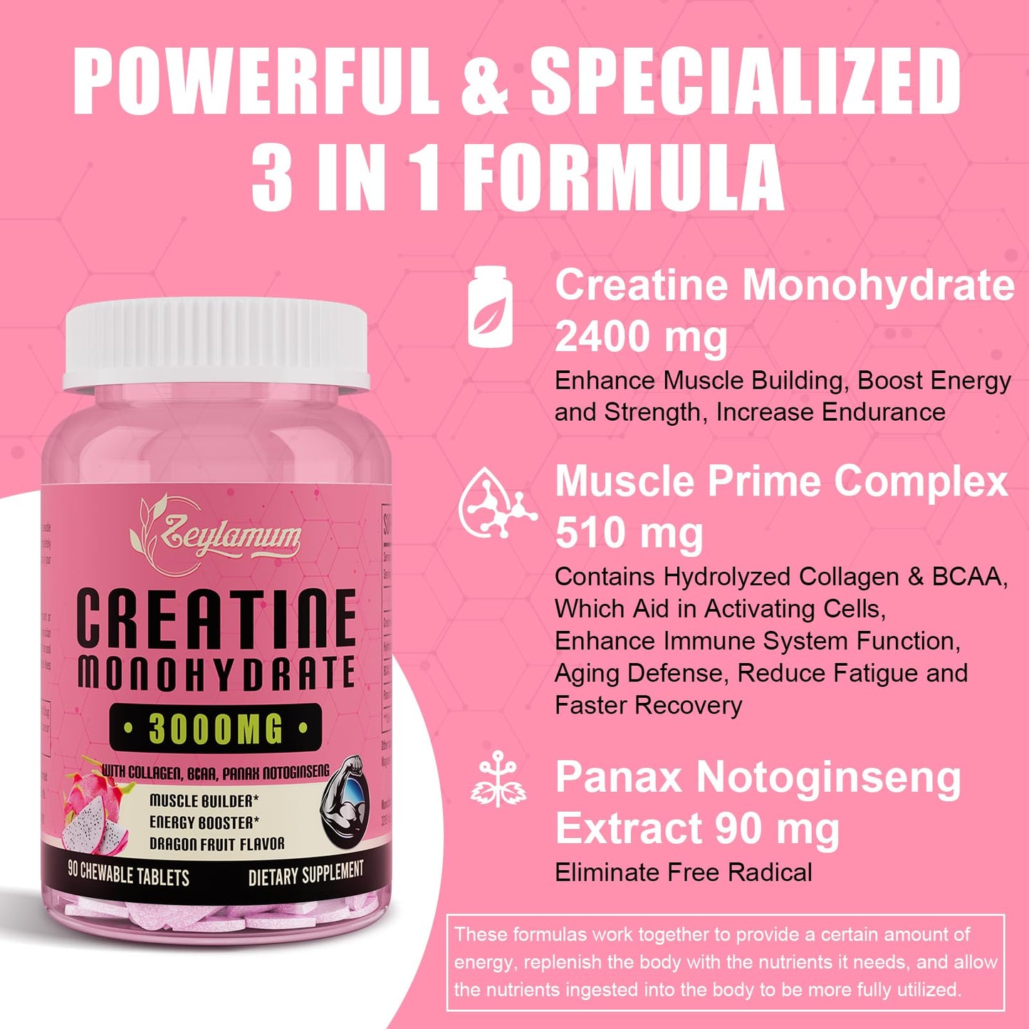 Zeylamum Creatine Monohydrate for Women, Creatine Supplement, with Hydrolyzed Collagen, BCAA, Non-GMO, Sugar Free, 30 Servings