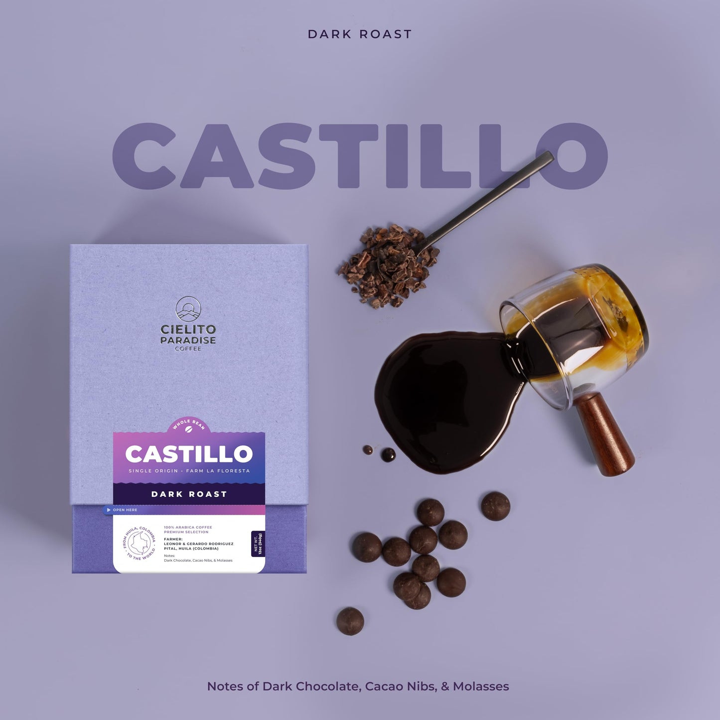 Castillo Dark Roast Cielito Paradise Coffee Whole Bean Huila Colombia Single Origin versatile and savory with notes of dark chocolate cacao nibs and molasses 12oz
