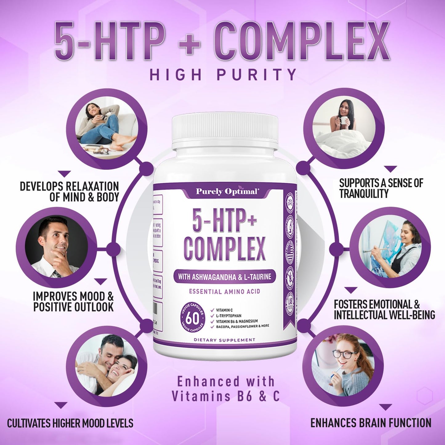 Premium 5-HTP Plus Supplement 250mg Maximum Strength - Sleep Aid, Mood Boost, Promotes Calm & Relaxation, Stress Management Support - Enhanced with Vitamin B6, Gluten Free, Non-GMO, 60 Veggie Caps