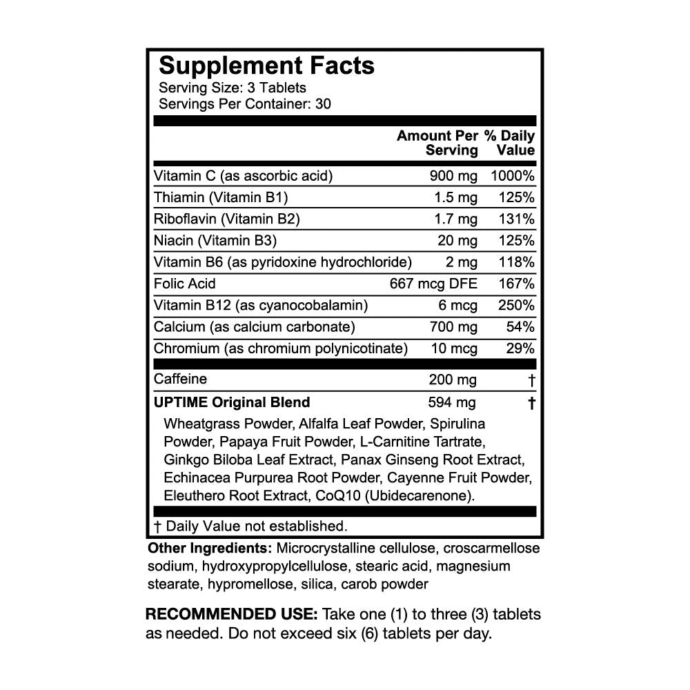 UPTIME Caffeine Pills, 90 Energy Tablets, 200mg per Serving, Made with Natural Caffeine, Vitamin C, CoQ10, Calcium, Ginkgo Biloba, Ginseng & L-Carnitine, Zero Calories, 66mg Caffeine Per Tablet
