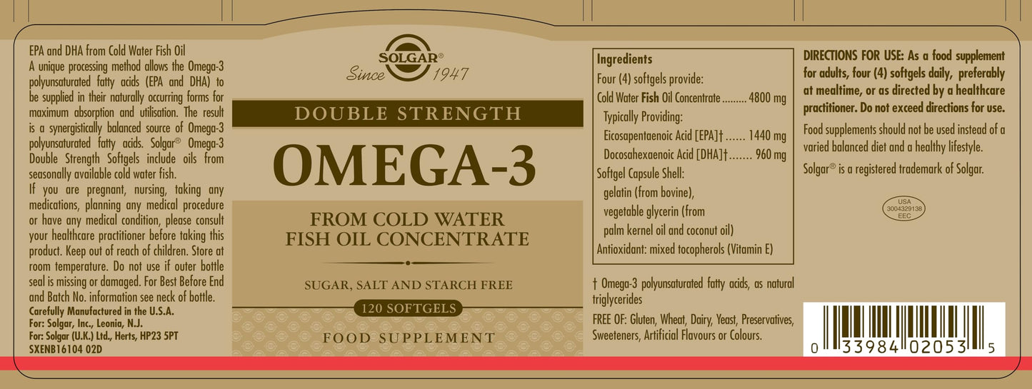 Solgar Double Strength Omega-3 700 mg, 120 Softgels - Fish Oil Supplement - Support for Cardiovascular, Joint & Cellular Health - Contains EPA & DHA Omega 3 Fatty Acids - Gluten Free - 120 Servings