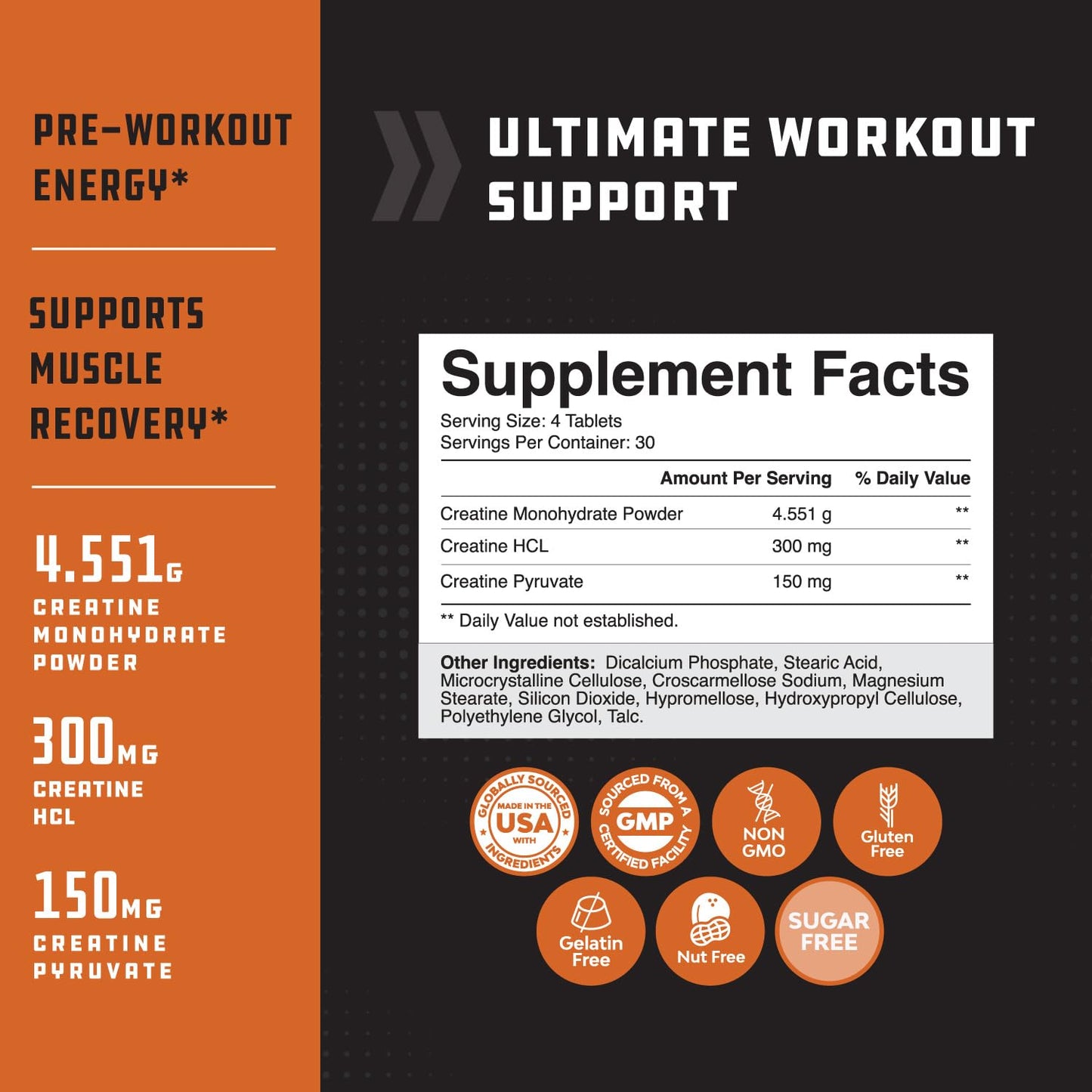 Natures Craft High Strength Tri Phase Creatine Tablets for Women & Men - Formula Blend of Creatine Monohydrate, HCL & Pyruvate Supplement - Muscle Mass Gain & Recovery Supplement - 120 Tablets