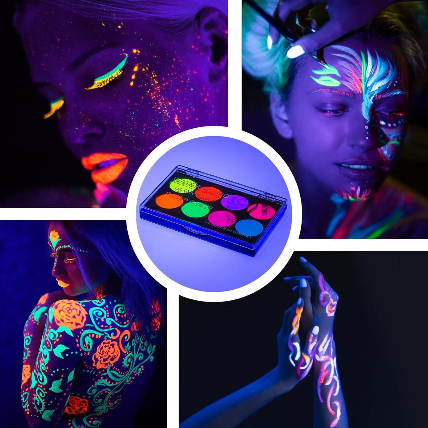 "Neon UV Blacklight Glow Face & Body Paint - 8 Bright Fluorescent Colors, Water-Activated Eyeliner - Glow-in-the-Dark Halloween & Rave Makeup - Washable, Water-Based for Kids & Adults"