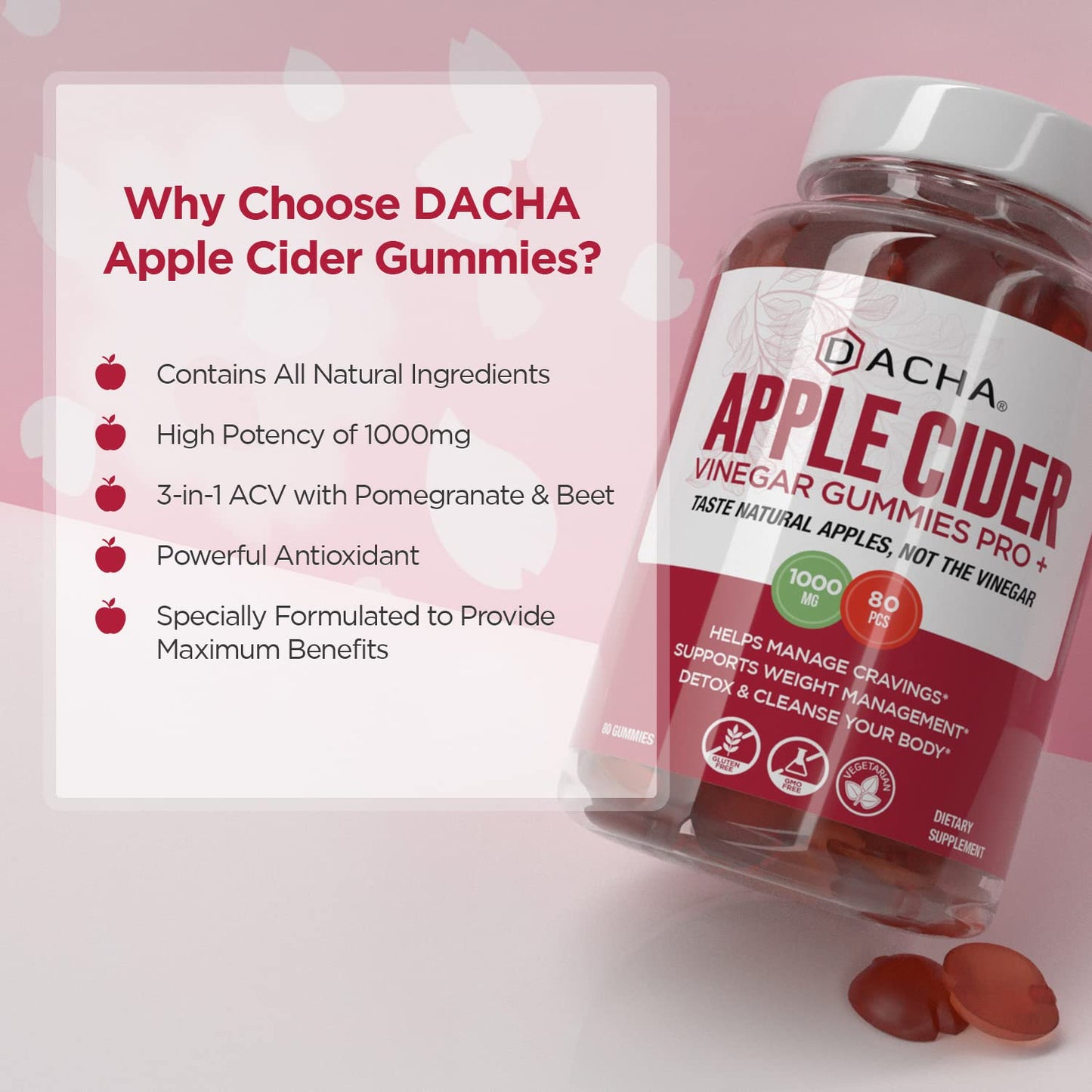 Premium Apple Cider Vinegar Gummies - 80 Count, 1000mg Raw, Organic, Unfiltered ACV from The Mother, Not Sticky, Immune, Detox, Fitness & Acid Reflux Heartburn Pomegranate Beet Root Vitamin B9 B12
