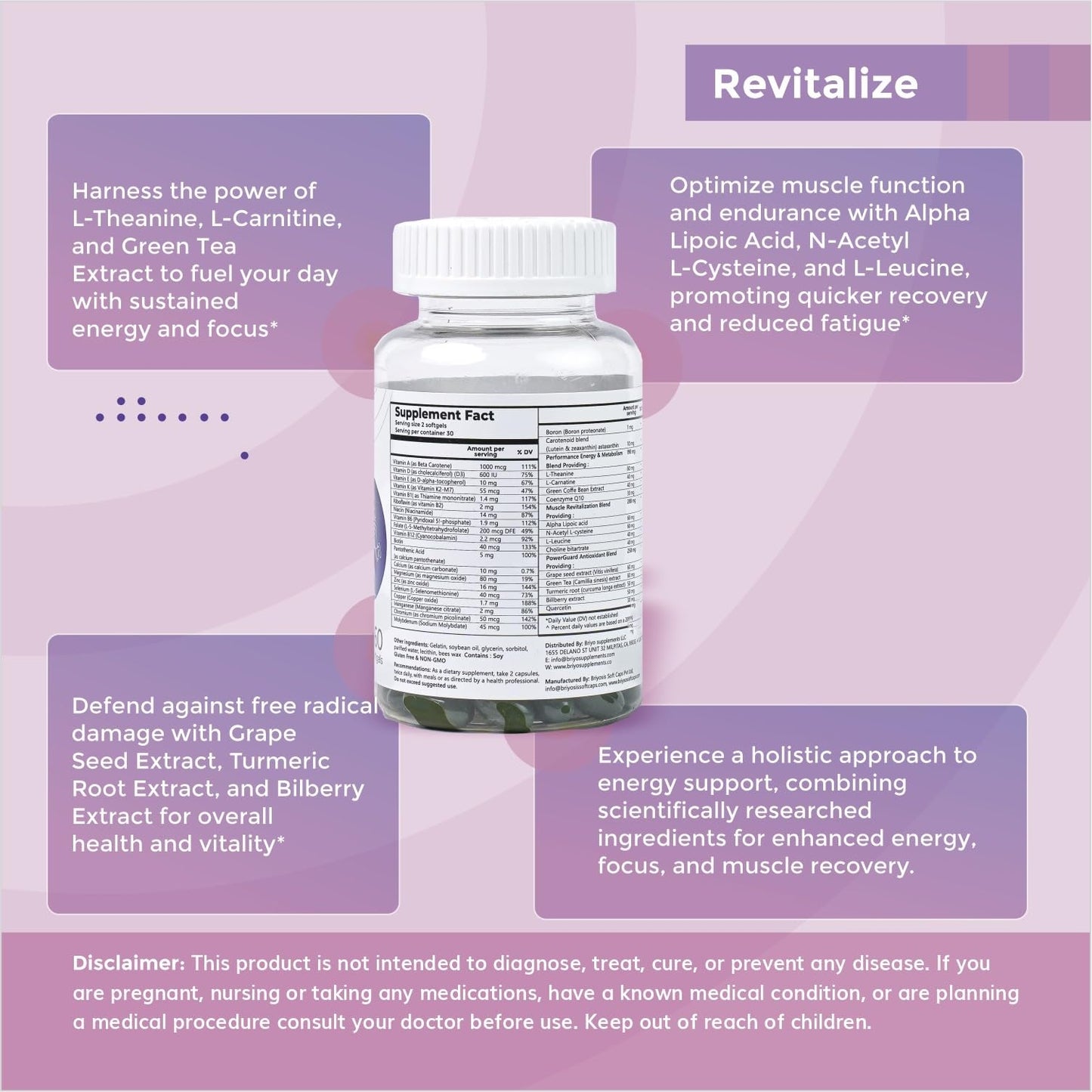 Briyo Revitalize - Energy Boost & Muscle Function Support: Enhances Energy Levels & Metabolism- Vitamins, Minerals, Green Tea, Turmeric Root, Amino Acids & More