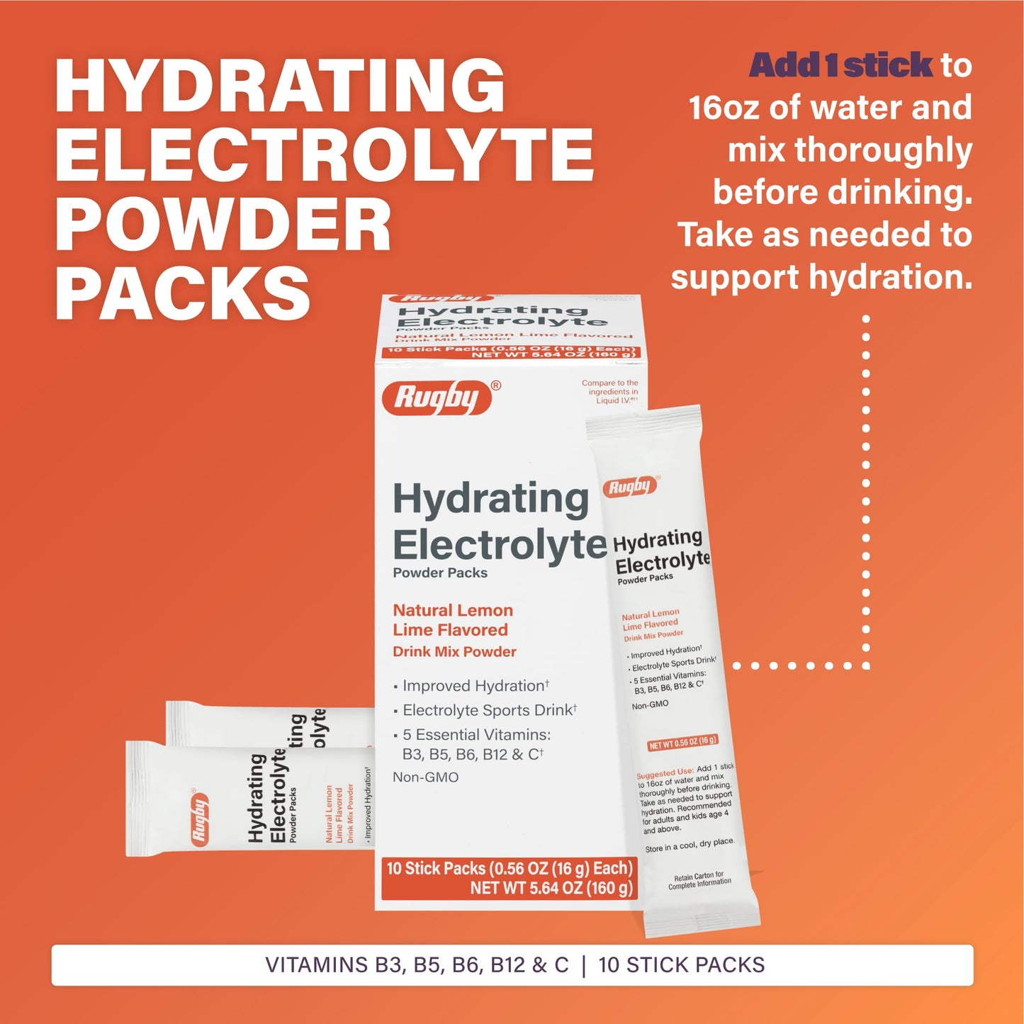 Rugby Hydrating Electrolyte Powder Packs - Drink Mix Powder Packets with 5 Vitamins - Improved Hydration - Natural Lemon-Lime Flavor - 10 Stick Packs - 0.56 Oz Each (3 Pack)