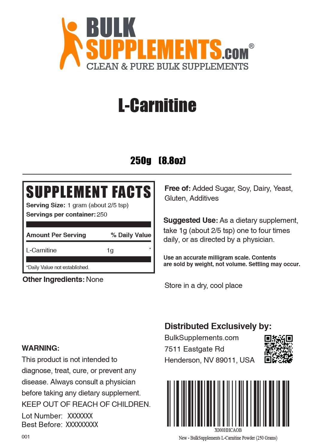 BulkSupplements.com L-Carnitine Powder - Carnitine Supplement, Amino Acid Supplement - Unflavored & Gluten Free, 1g per Serving, 250g (8.8 oz) (Pack of 1)