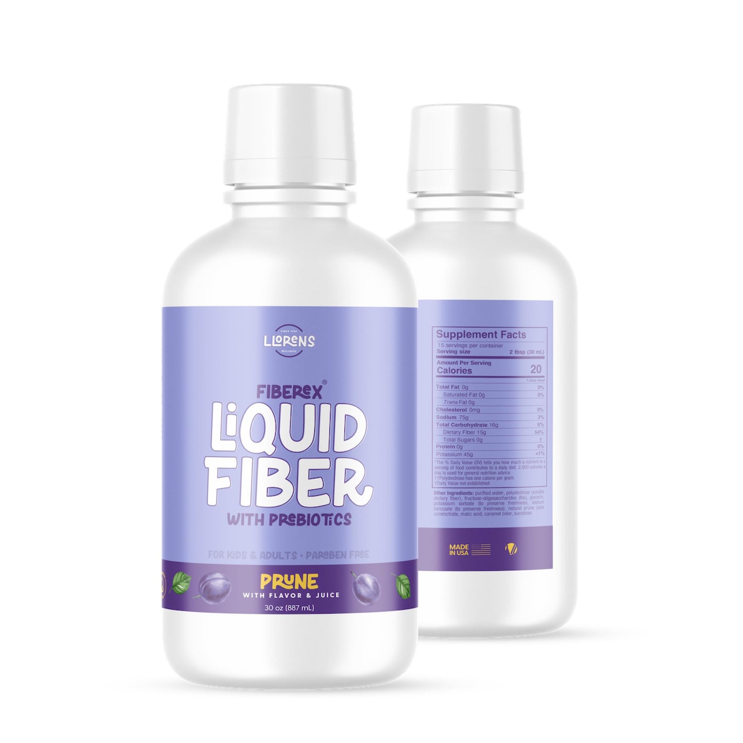 LLORENS PHARMACEUTICAL Liquid Fiber 15 Grams Soluble Fiber, No Sugar, Regularity and Soft Stools - Prune Flavor - 30 FL oz