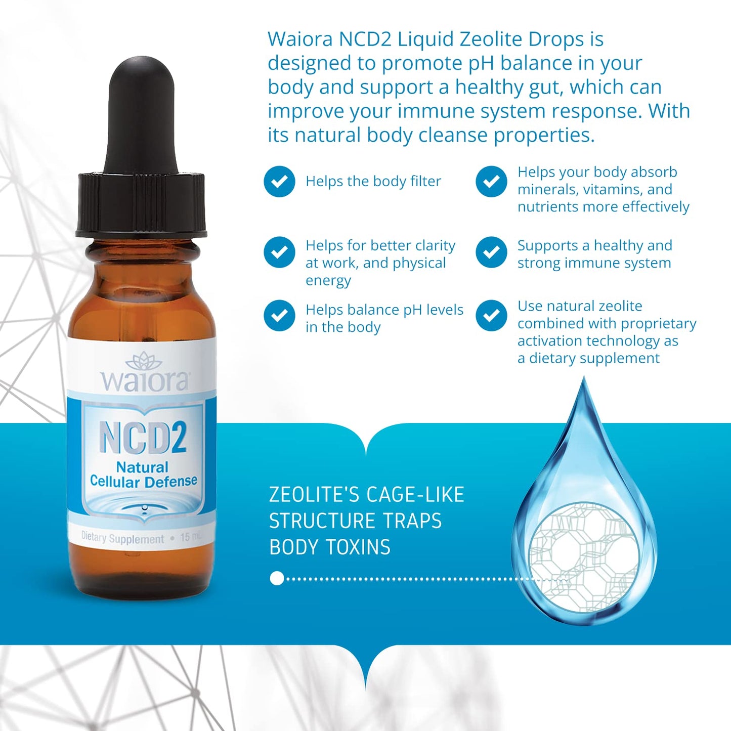 Waiora NCD2 Activated Liquid Zeolite Drops, Natural Body Cleanse and Immune System Support, Promotes pH Balance, Healthy Gut and Inflammatory Response, 100% Natural, Non-Toxic (2-Bottles / 180 serv.)