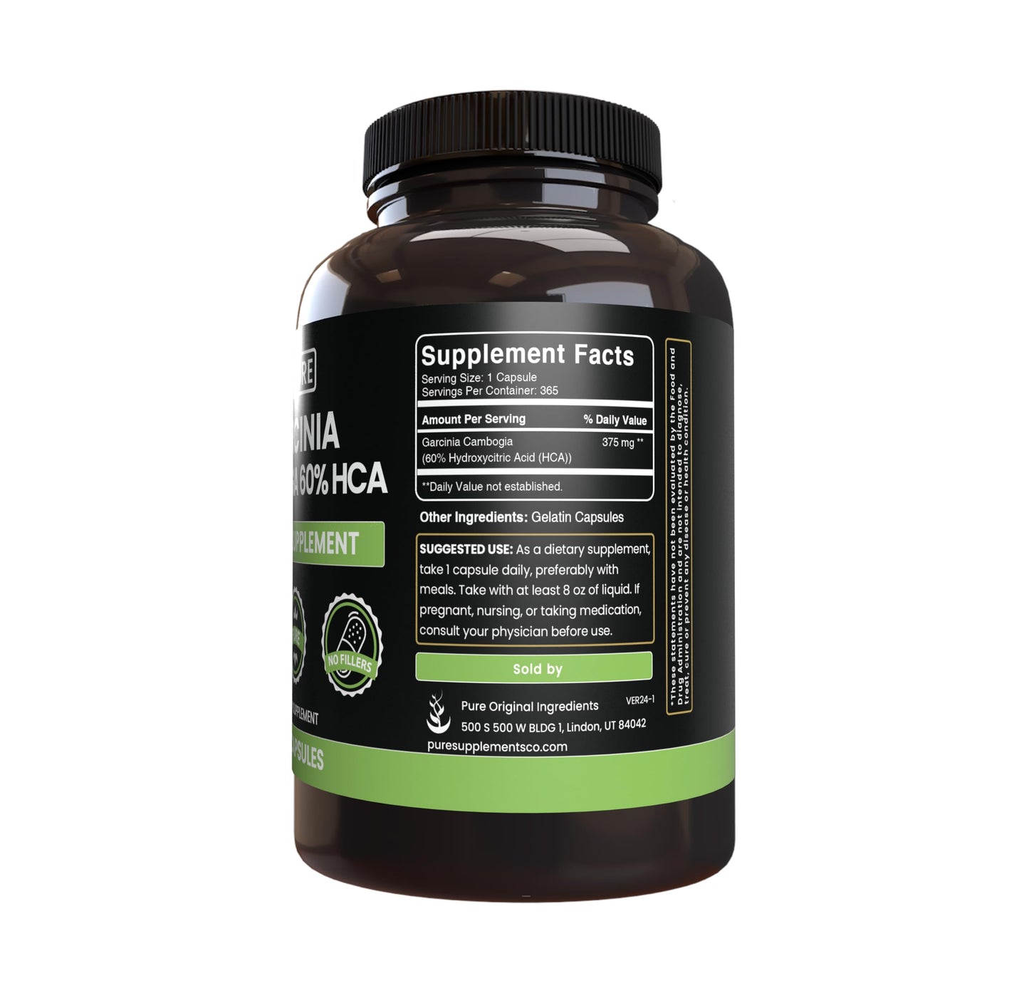PURE ORIGINAL INGREDIENTS Garcinia Cambogia, No Magnesium or Rice Fillers, Always Pure, Lab Verified (365 Count)