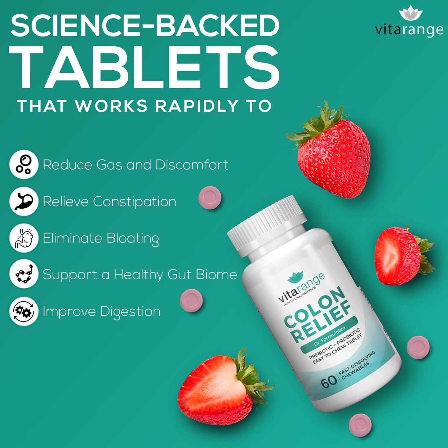 Colon Relief by VitaRange- Fast Constipation and Bloating Relief with Sunfiber Prebiotic Fiber and Pre + Probiotics for Digestive Health - 60 Chewable Strawberry Tablets - Doctor Formulated Probiotics