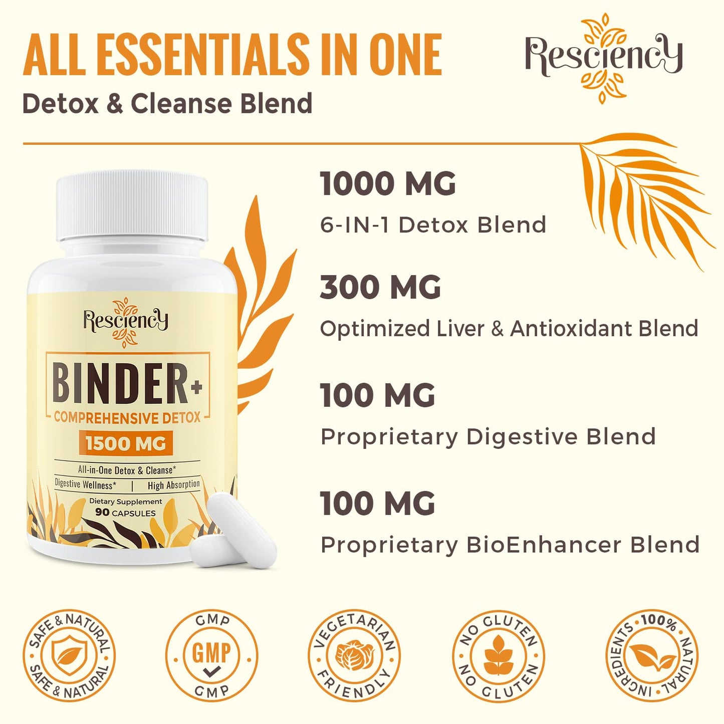 Resciency 1500 MG Detox Binder Supplement - Activated Charcoal, Zeolite, Bentonite Clay - Liver & Gut Detox Cleanse, Toxin Flush, Digestive, Max Absorption, 90 Vegan Capsules