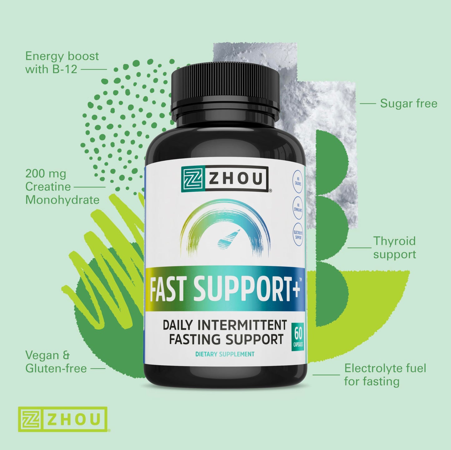 Zhou Fast Support+ Intermittent Fasting Support Supplement, Vitamin B12 for Energy, Electrolytes Magnesium, Chloride, Sodium, Potassium, Creatine Monohydrate, Physical Performance, 60 Veg Caps