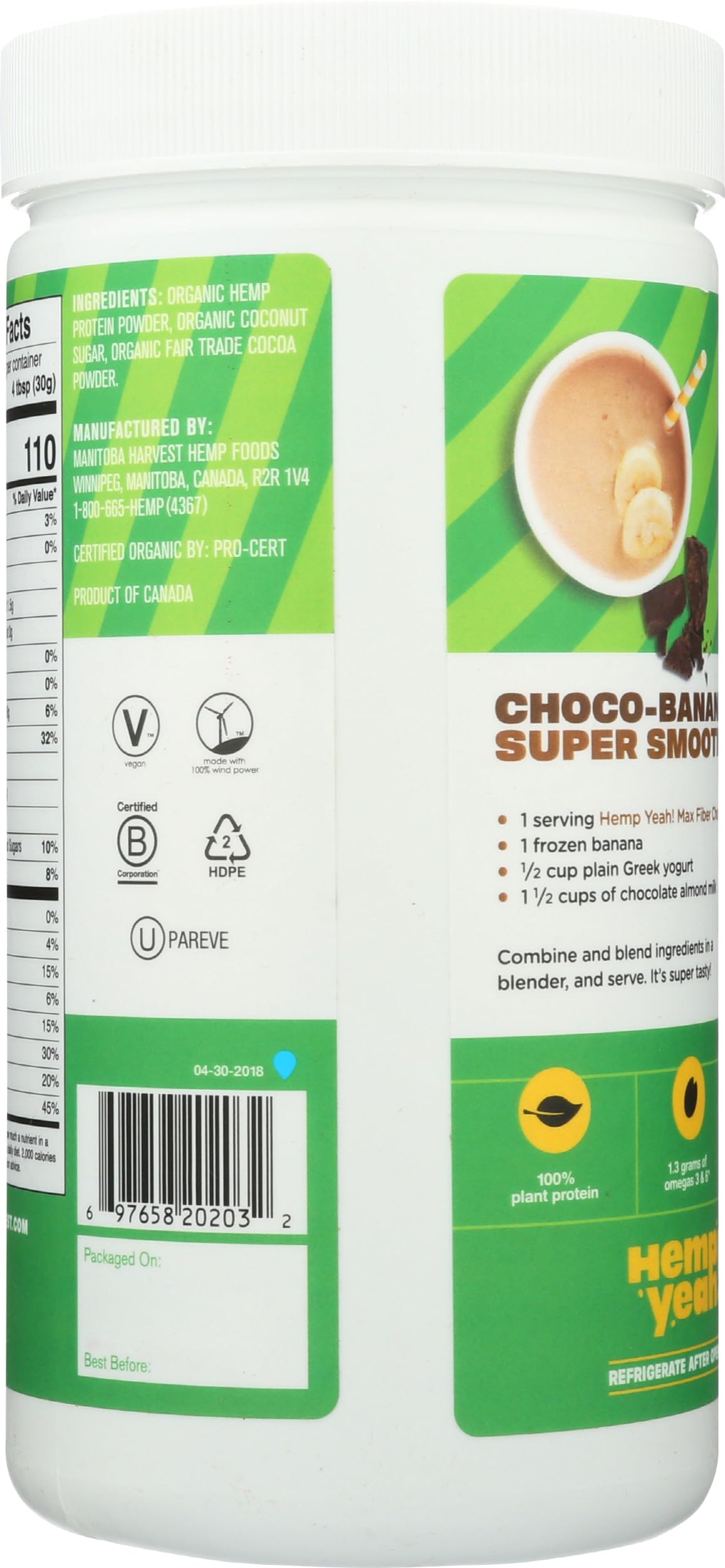 Manitoba Harvest Hemp Yeah Organic Max Fiber Protein Powder, Omegas 3&6 per Serving, Brown, Chocolate, 16 Ounce