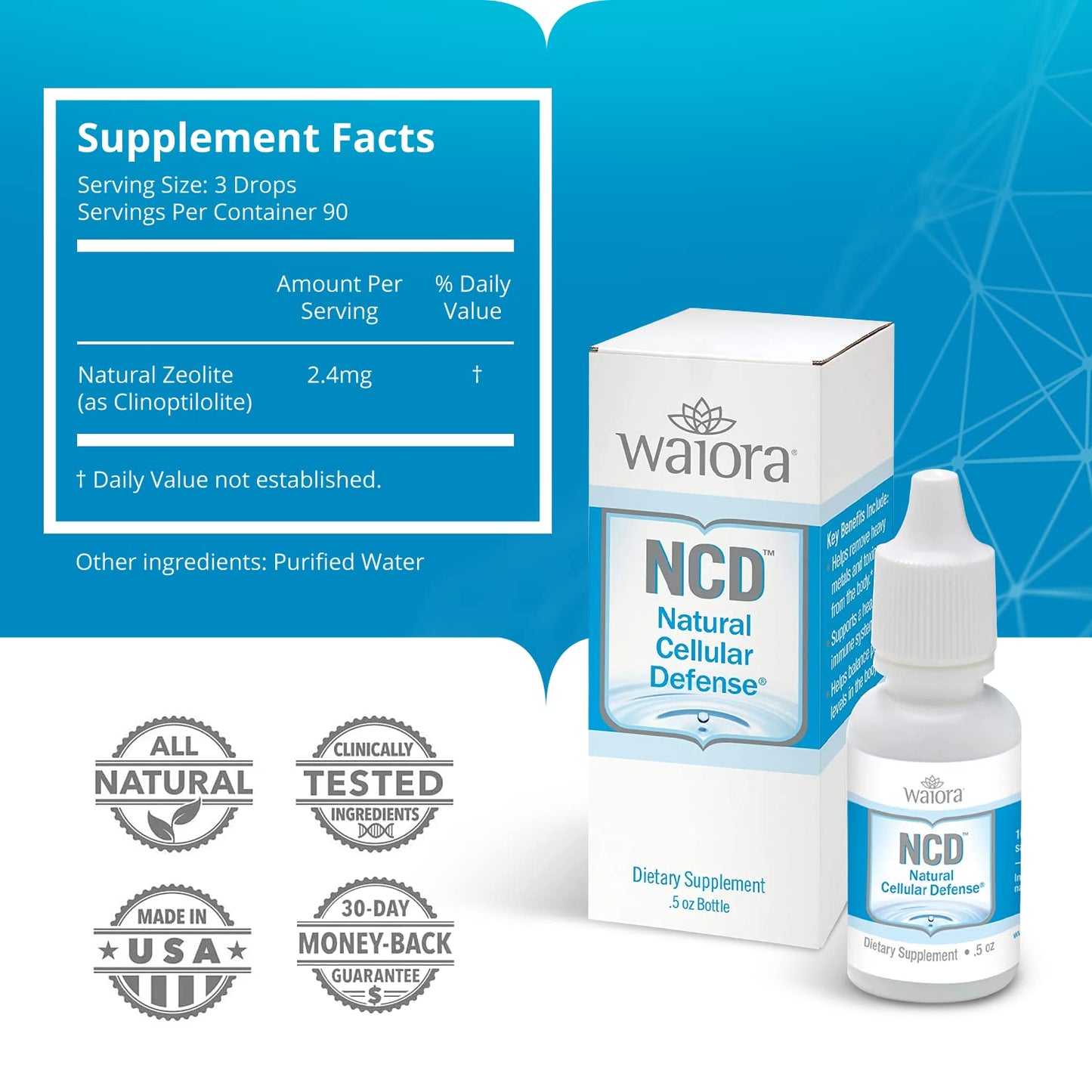 Waiora Natural Cellular Defense (NCD) Liquid Zeolite Drops, Clinoptilolite for Men & Women - Supplement for Immune, Healthy Gut Support, Cleanse, pH Balance (0.5oz Bottle, 1 ct - 90 serv)…