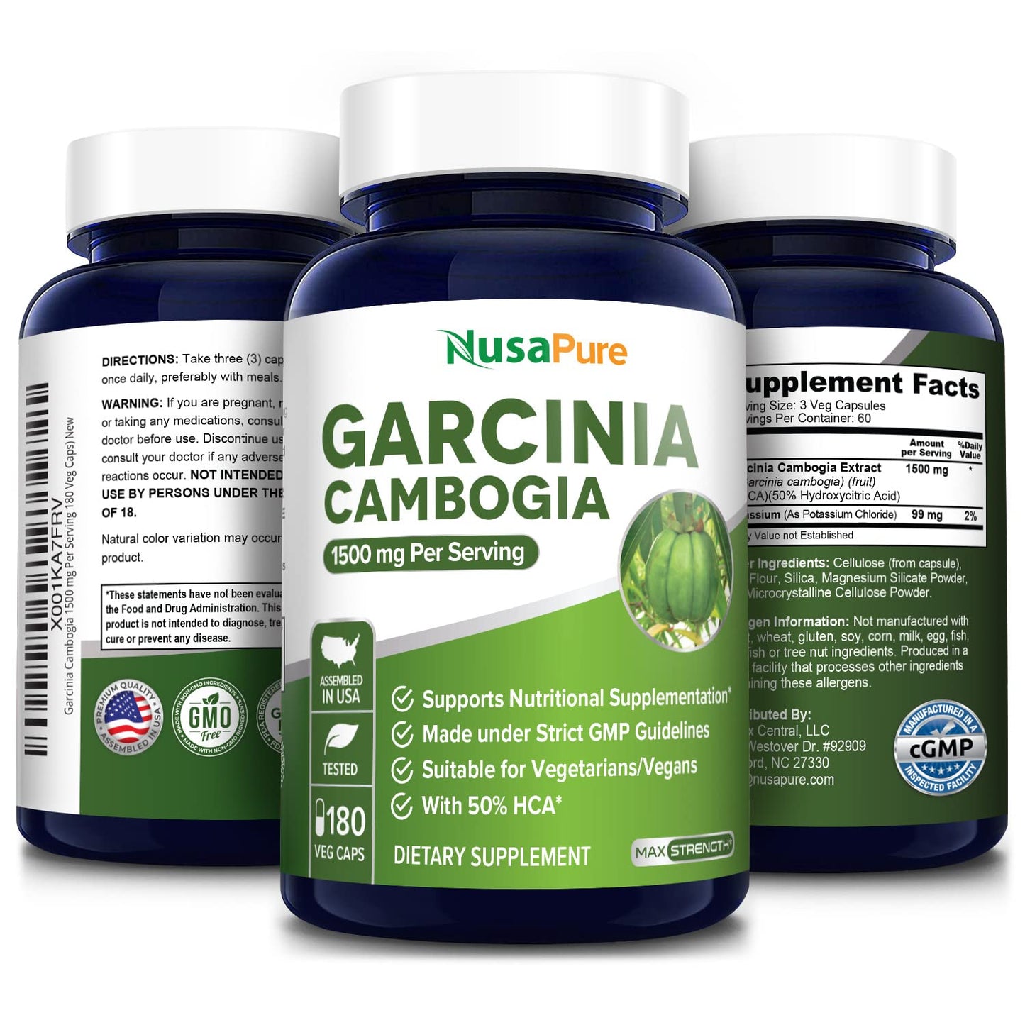 NusaPure Garcinia Cambogia 180 Veggie Caps 1500mg (Vegetarian, Non-GMO, Gluten Free)