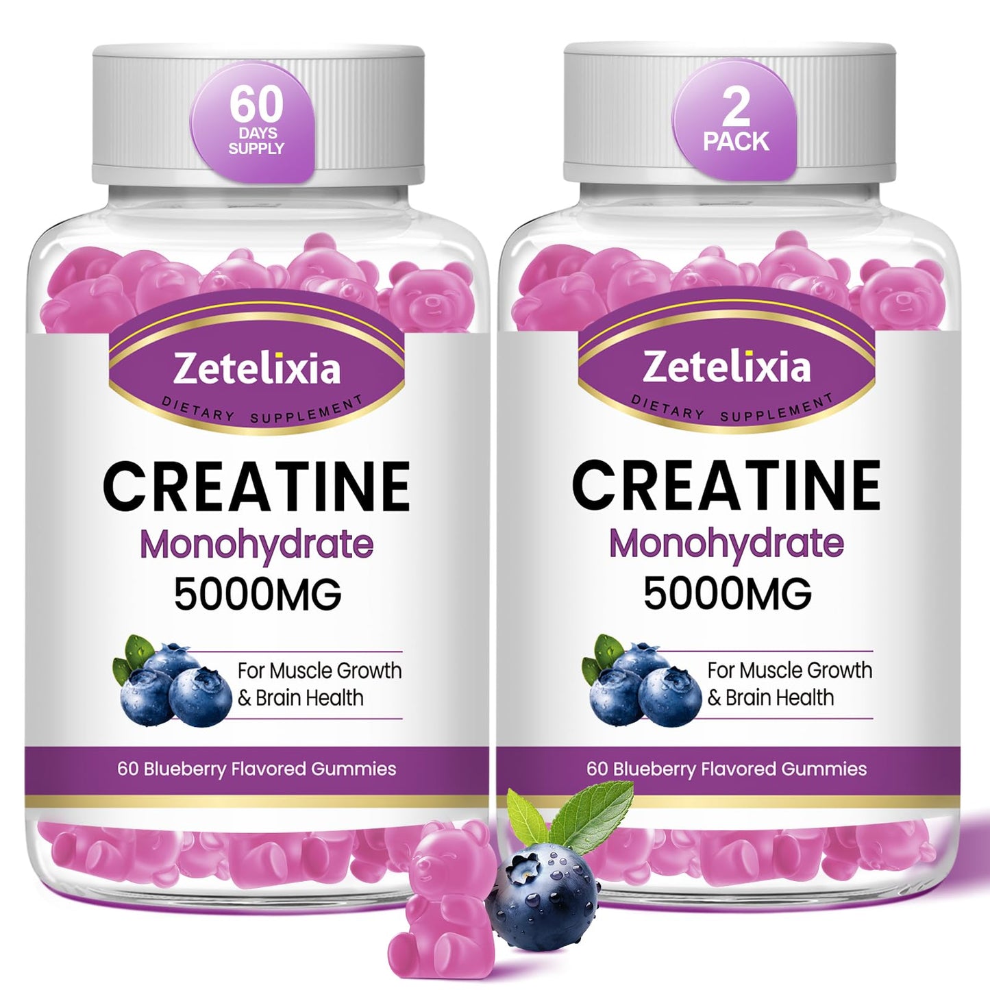 Zetelixia 2 Pack Creatine Monohydrate Gummies 5g for Men & Women, Chewables Creatine Monohydrate for Muscle Strength & Muscle Builder, Vitamin B12 for Energy Support, Blueberry Flavor, 120 Count