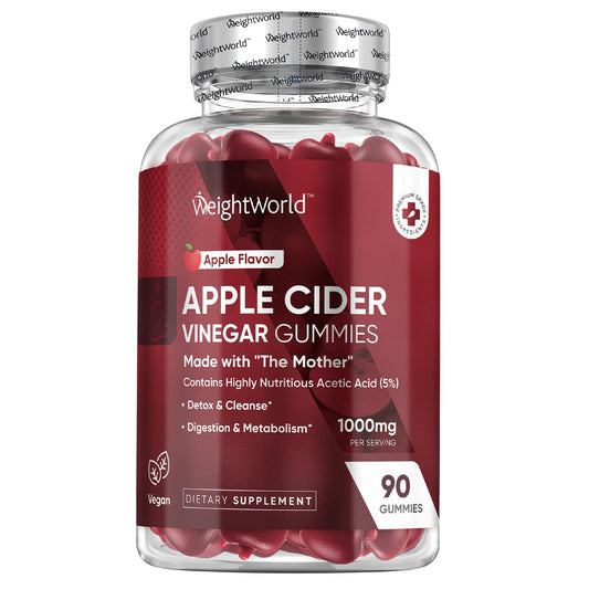 WeightWorld Apple Cider Vinegar Gummies 1000mg - 90 Vegan Gummies - 45 Days Supply - Enriched with Vitamin C, B6, B12, & B9 (Folic Acid) for Digestion, Metabolism, Detox & Cleanse - Gelatin-Free
